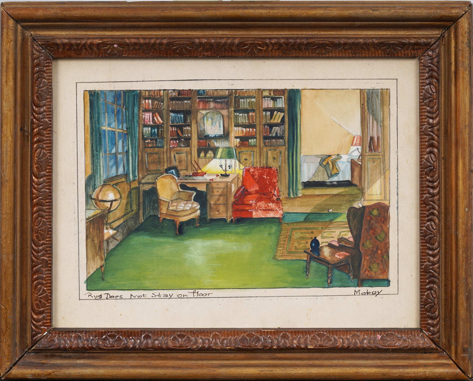Excellent Home Library Interior Original Watercolor "Rug Does Not Stay on Floor" Signed "Mobey": Signed, framed watercolor. Measuring: 12 by 15 inches overall, and 9 by 12 artwork alone. Please see all images for condition. Size is measured and written on the back of the painting or next to each 