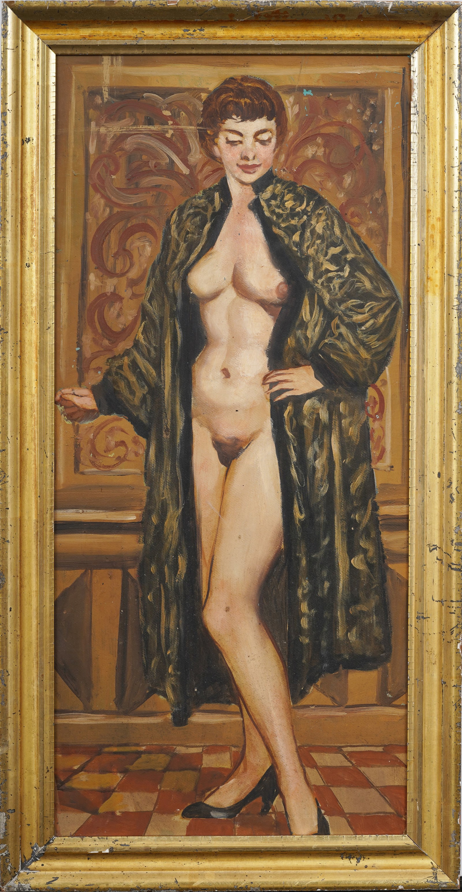 Bold MCM Erotic Female Nude Signed "Messer Cav. Leopoldo" Original Oil Painting: Signed verso, framed vintage oil painting. Measuring: 26 by 13 inches overall, and 23 by 10.5 artwork alone. Please see all images for condition. Size is measured and written on the back of the painti