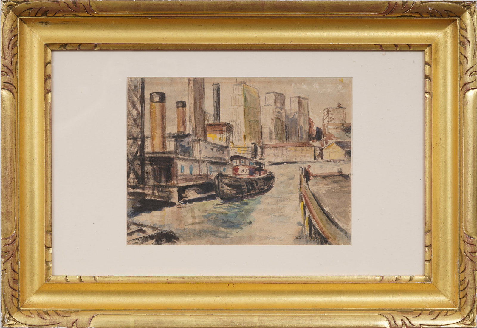 Signed, Framed Vintage American Tugboat Industrial Harbor Landscape Original Watercolor on Paper: Signed, framed vintage watercolor on paper. Measuring: 17 by 25 inches overall, and 8.5 by 12 artwork alone. Please see all images for condition. Size is measured and written on the back of the painti