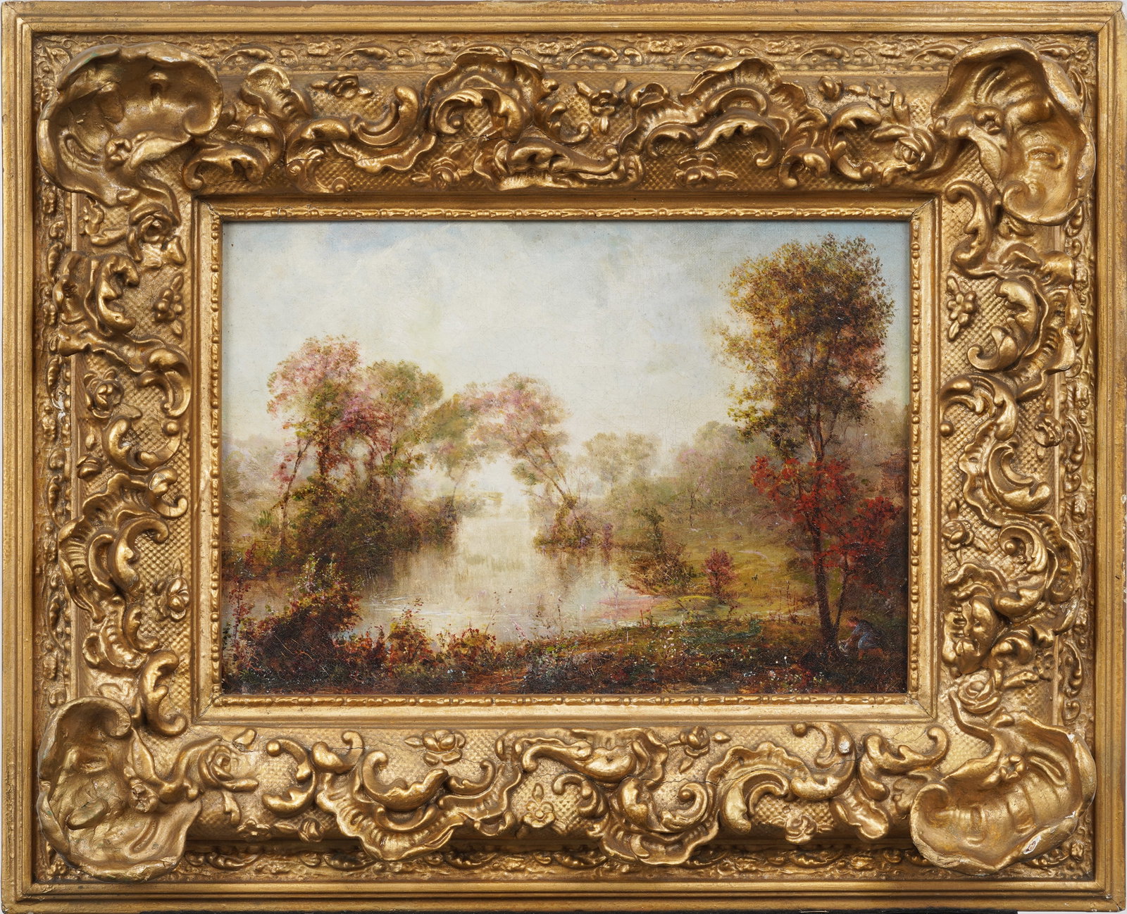 John Frankenstein (1832-1875) Important Antique American Ohio Midwest Forest Interior Oil Painting: Signed, framed antique oil painting on canvas by 19th c. American Midwest painter and sculptor John Frankenstein (1832-1875). Measuring: 18 by 23 inches overall, and 10 by 14 artwork alone. Please see