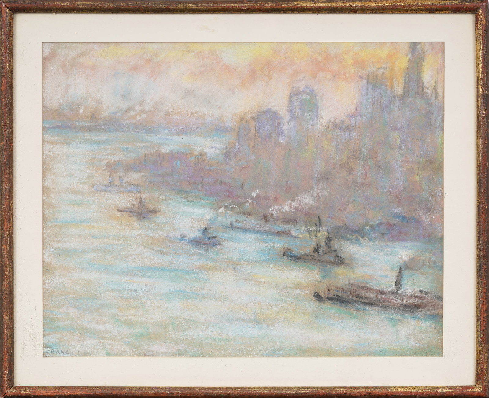 MCM New York City Impressionist Sunrise Lower Manhattan Skyline Original Pastel Signed "Ferne" (1 of 7)