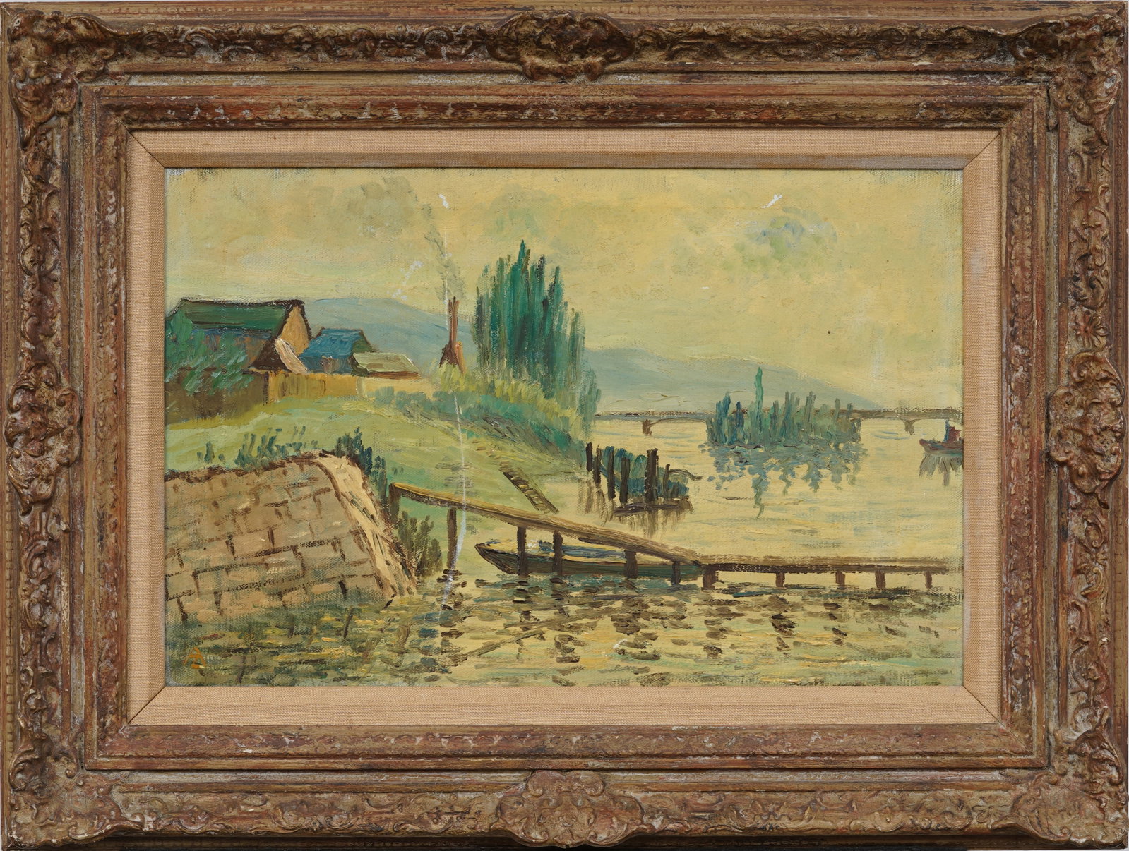 Heydenryk Frame MCM Vintage American Rural Lake Landscape Original Oil Painting: Framed vintage oil painting on canvas. Measuring: 18 by 24 inches overall, and 11.25 by 17 artwork alone. Please see all images for condition. Size is measured and written on the back of the painting 