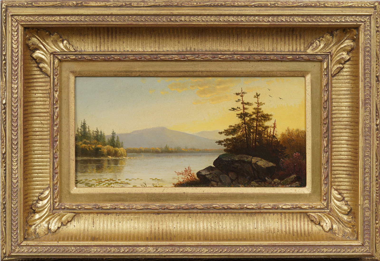 "Autumn on Lake George" Adirondack Mountain Landscape American Antique Hudson River Oil Painting: Antique American landscape oil painting. Framed. Signed verso, framed oil painting on board. Measuring: 14 by 20 inches overall, and 6 by 12 artwork alone. Please see all images for condition. Size is
