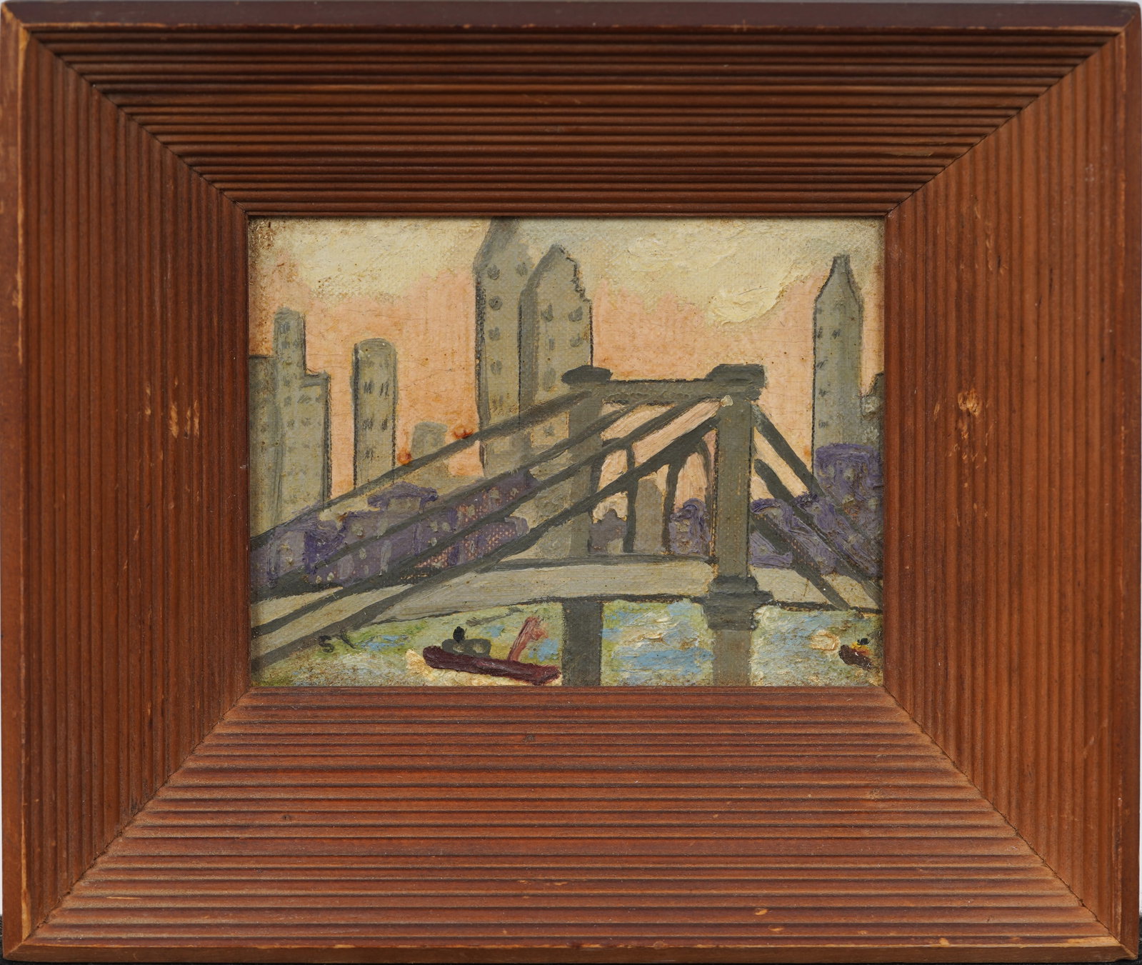 Vintage MCM Brooklyn Bridge Skyline Cityscape Framed Original Oil Painting Signed "SY": Signed, framed vintage oil painting on board. Measuring: 8 by 9 inches overall, and 4.5 by 5.5 artwork alone. Please see all images for condition. Size is measured and written on the back of the paint