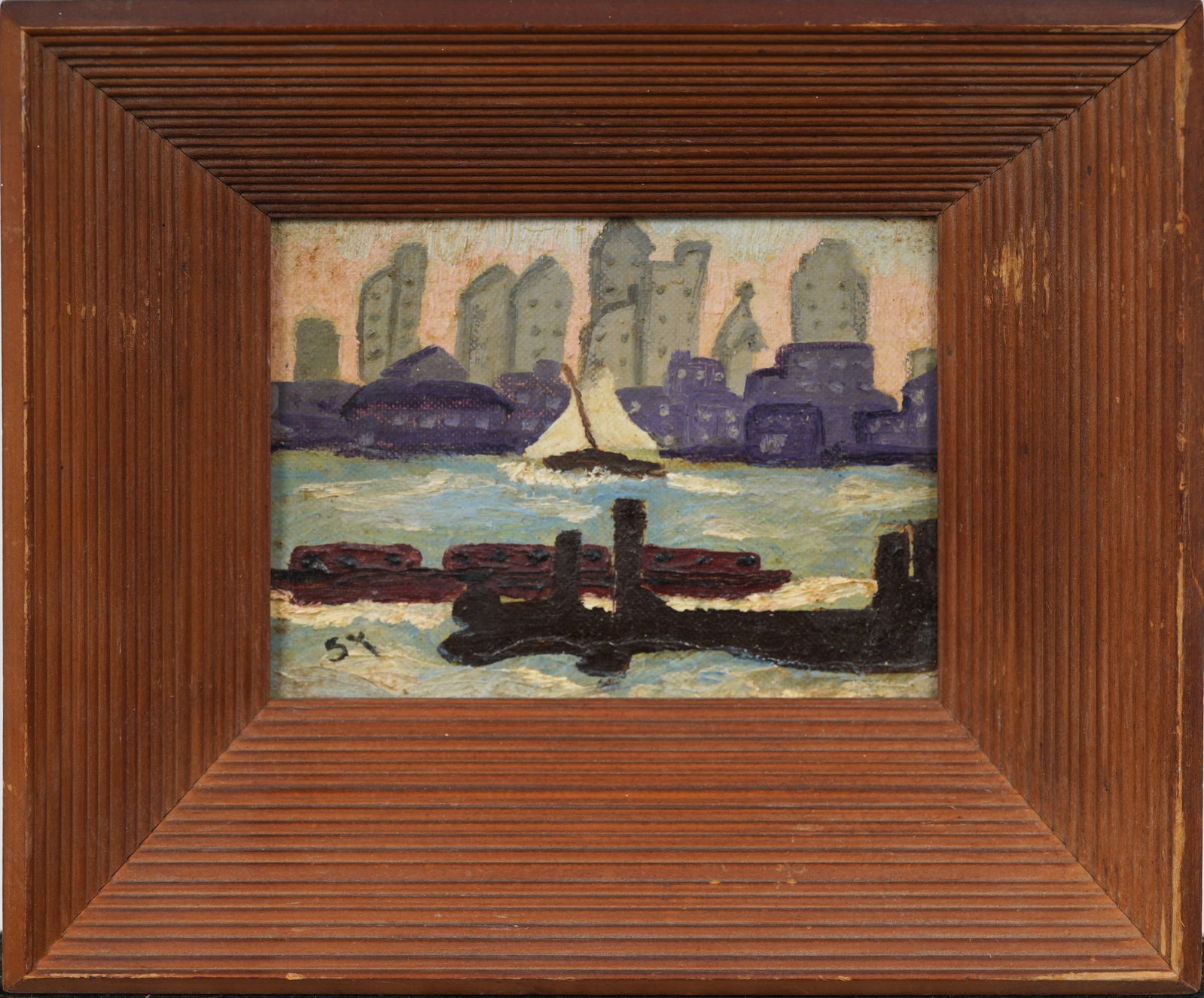 Vintage MCM Brooklyn Skyline Cityscape Framed Original Oil Painting Signed "SY": Signed, framed vintage oil painting on board. Measuring: 8 by 9 inches overall, and 4.5 by 5.5 artwork alone. Please see all images for condition. Size is measured and written on the back of the paint