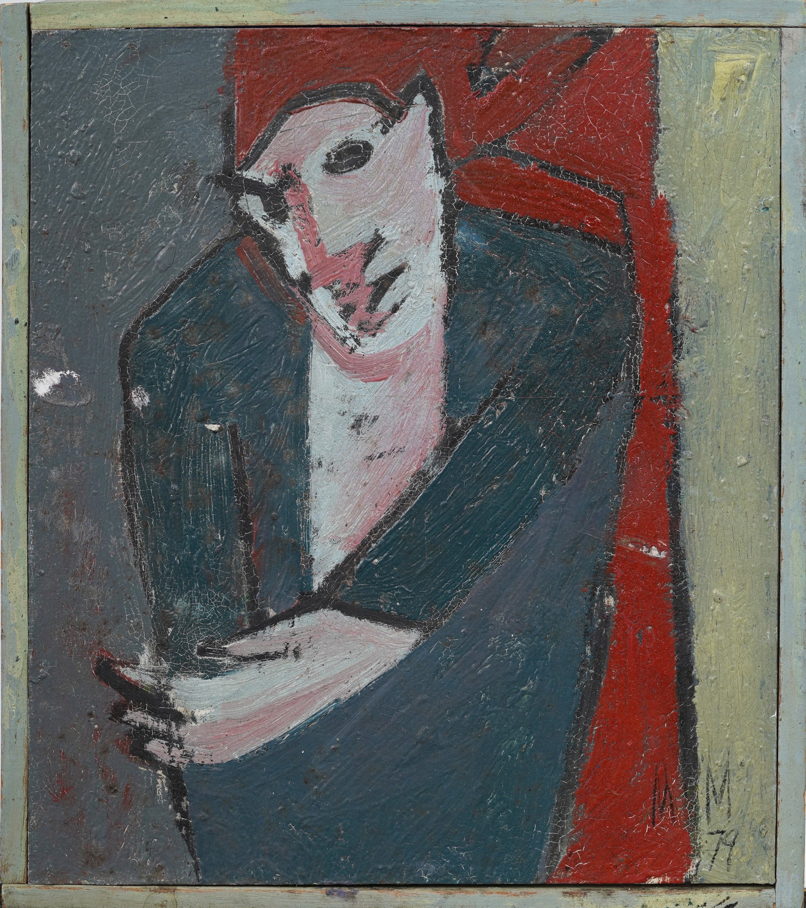 Vintage American Modernist Abstract Expressionist Portrait Framed Oil Painting Signed "M. M.": Signed, framed vintage American oil painting. Measuring: 9 by 8 inches overall, and 8 by 6.75 artwork alone.? Please see all images for condition. Size is measured and written on the back of the paint
