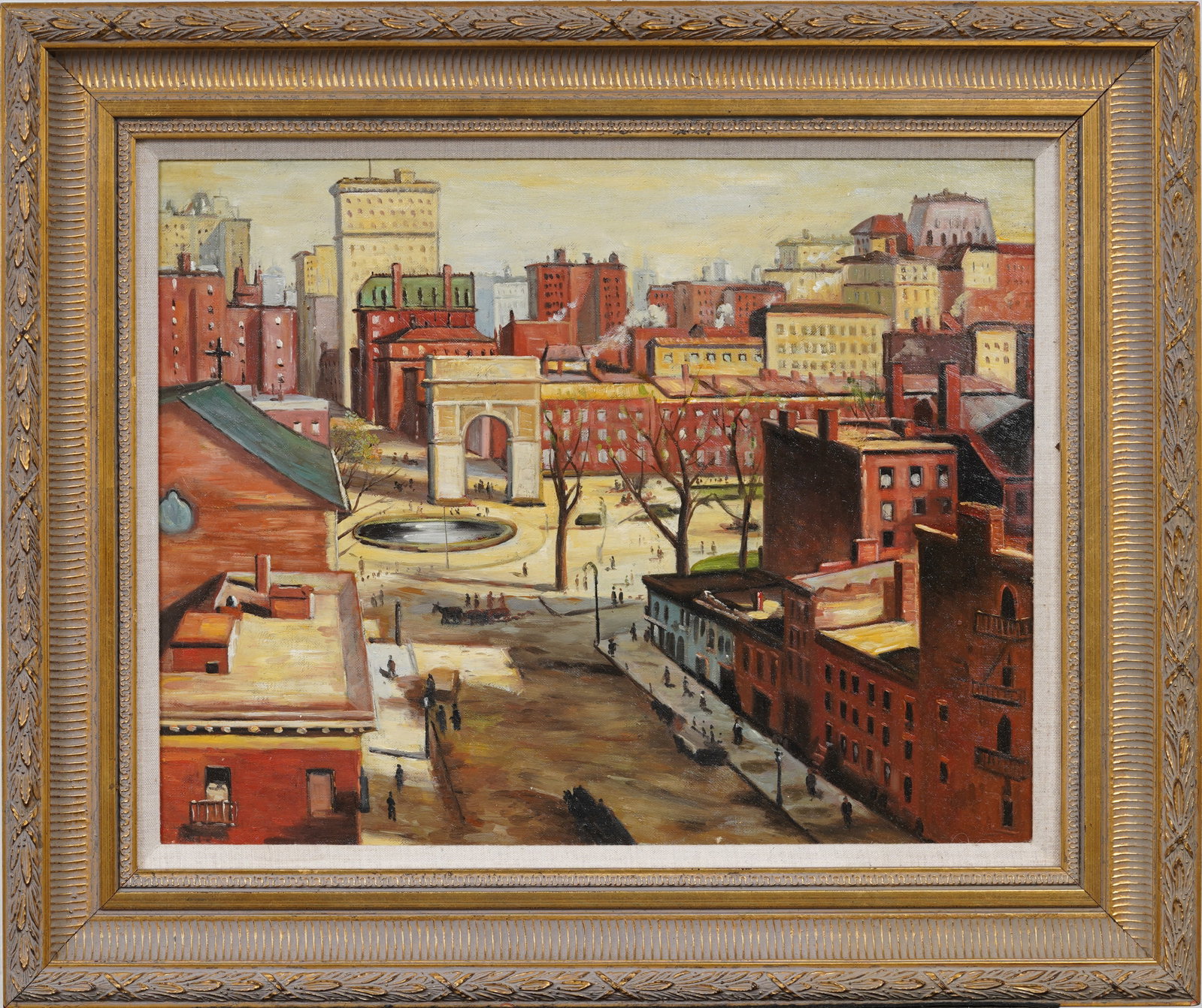 Vintage American Modernist New York Cityscape Framed Washington Square Park Original Oil Painting: Vintage American modernist cityscape oil painting. Measuring: 20 by 24 inches overall, and 14 by 18 artwork alone. Please see all images for condition. Size is measured and written on the back of the 