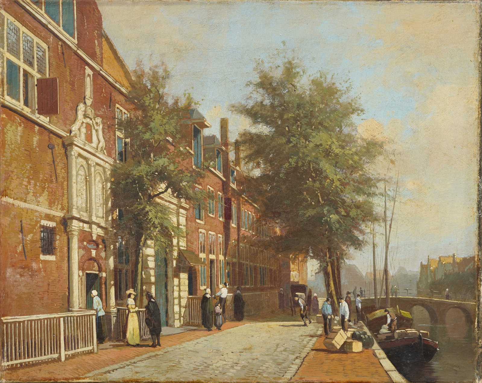 Dutch Canal Street Scene Realist Cityscape Original Oil Painting: Finely painted Dutch street scene oil painting. Measuring: 16 by 20 inches overall. Please see all images for condition. Size is measured and written on the back of the painting or next to each