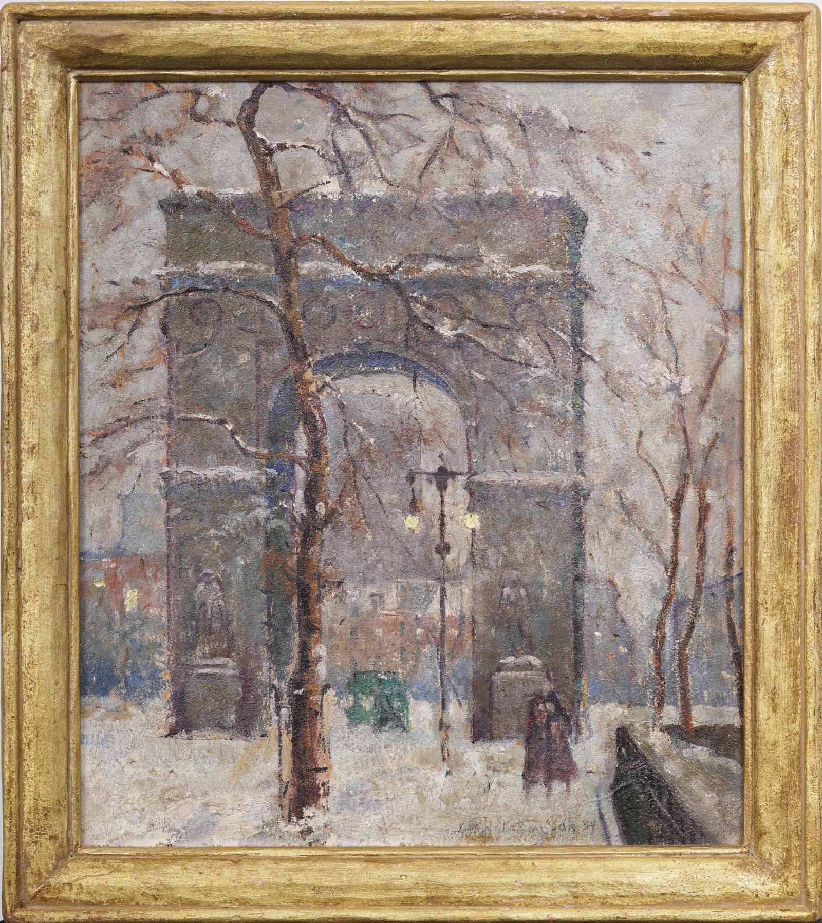 Signed 1934 Antique American Winter New York City Washington Square Park Street Scene Oil Painting (1 of 8)