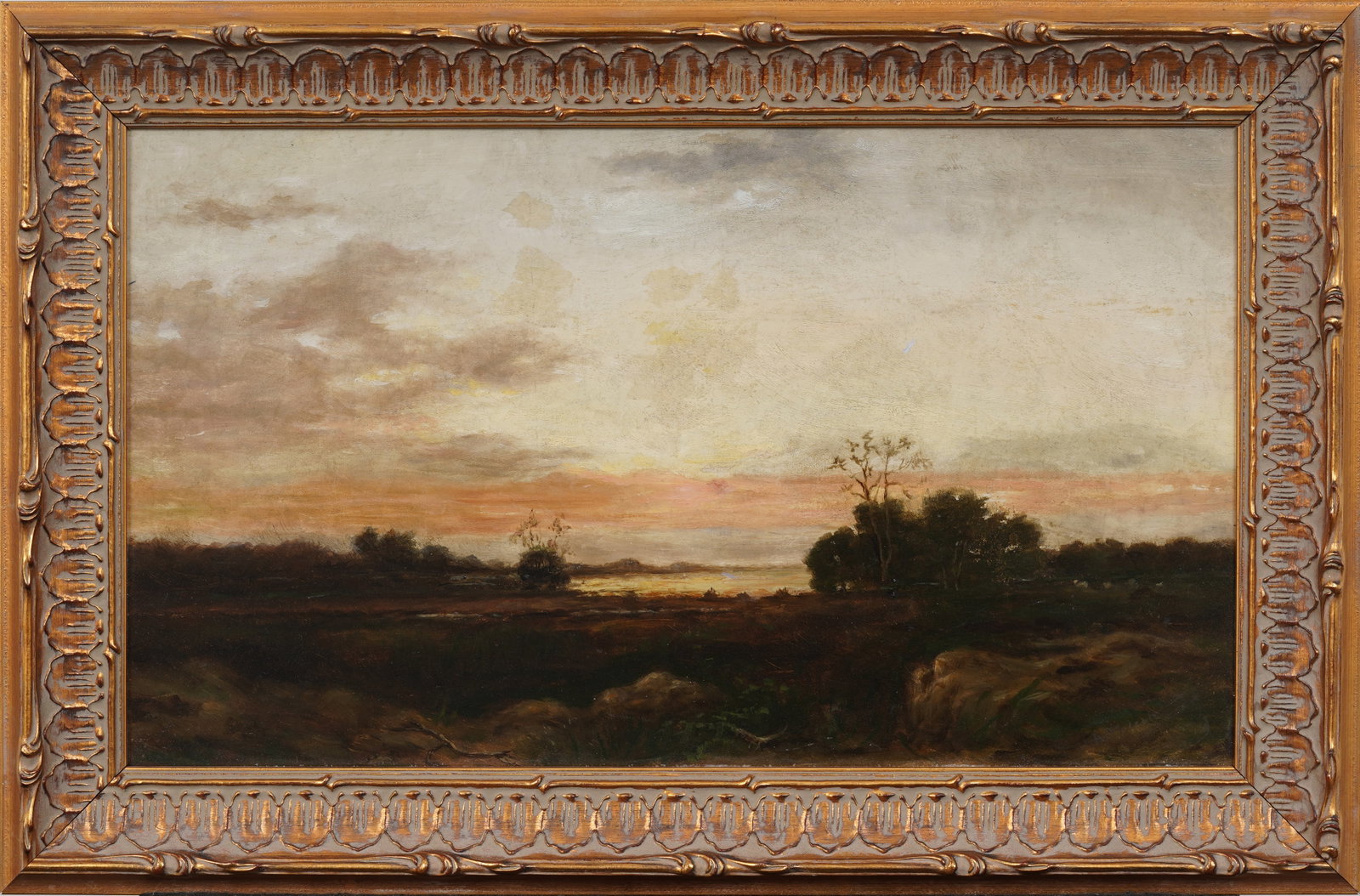 Antique American School Sunset Marsh Landscape Framed Original Oil Painting: Antique landscape oil painting. Framed. Measuring: 14 by 22 inches overall, and 10.75 by 18.25 artwork alone. Please see all images for condition. Size is measured and written on the back of the paint