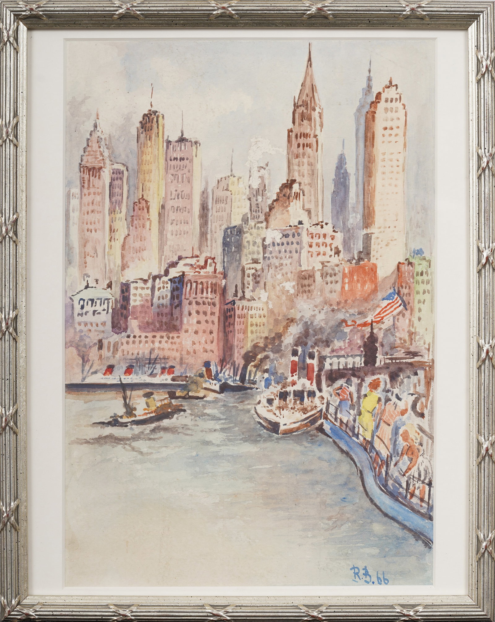Vintage American Impressionist New York Harbor Cityscape Original Watercolor Painting: Vintage American modernist cityscape painting. Measuring: 12 by 15 inches overall, and 9 by 13 artwork alone. Please see all images for condition. Size is measured and written on the back of the