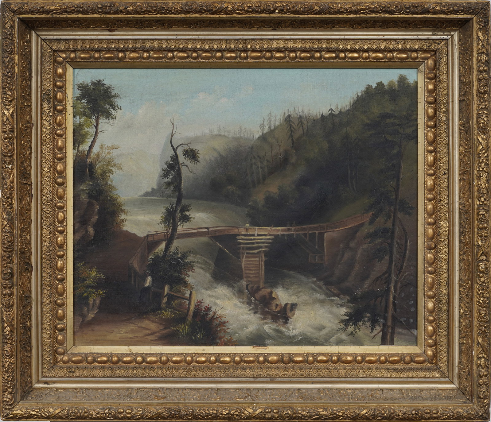 Antique American Hudson River School Framed Adirondack Landscape Original Oil Painting: Antique framed landscape oil painting. Oil on canvas. Framed. Measuring: 19 by 22 inches overall, and 13 by 16 artwork alone. Please see all images for condition. Size is measured and written on the b