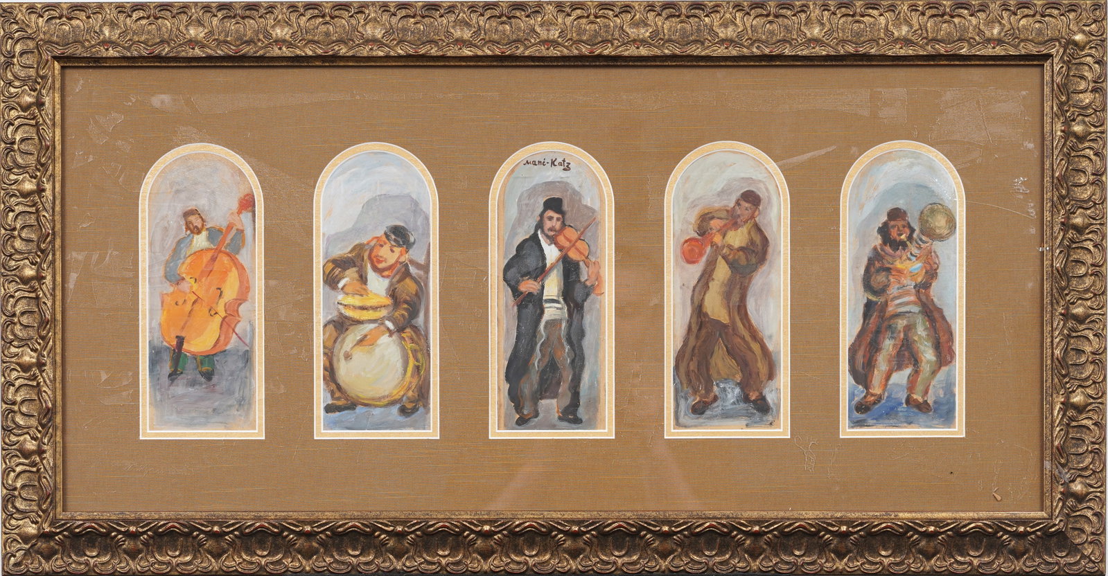 Emmanuel Mané-Katz (1894–1962) Jewish Musicians Band Portrait Original Framed Oil Painting: Signed, framed vintage oil painting. Measuring: 20 by 38 inches overall, and 10 by 28.5 artwork alone. Please see all images for condition. Size is measured and written on the back of the painting or 