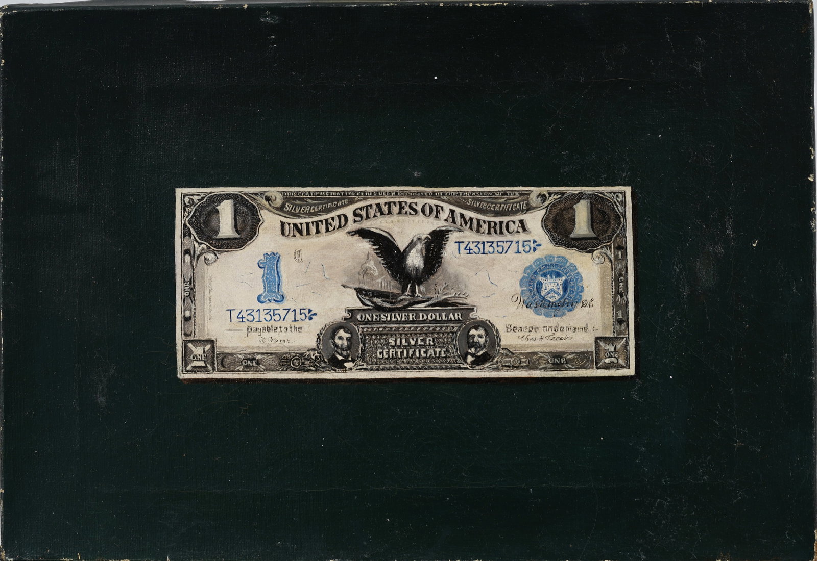 Trompe L'Oeil American School One Dollar Bill Still Life Original Oil Painting: Vintage American school still life oil painting. Oil on canvas. Measuring: 9 by 13 inches overall. Please see all images for condition. Size is measured and written on the back of the painting or next