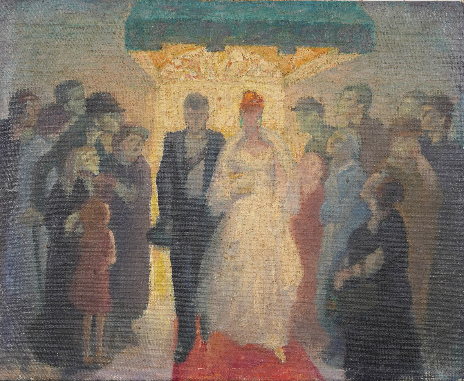 "Leaving the Theatre" Vintage American Impressionist Street Scene Original Oil Painting: Vintage impressionist oil painting. Measuring: 9 by 11 inches overall. Please see all images for condition. Size is measured and written on the back of the painting or next to each object. For detaile