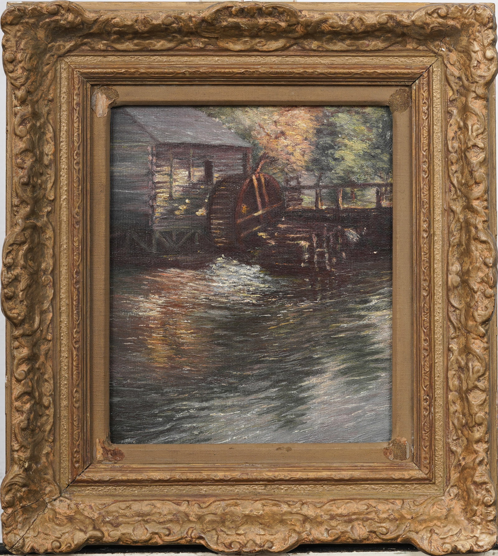 Antique American Impressionist Pennsylvania Mill Landscape Framed Oil Painting Circle Robert Spencer: Antique American impressionist landscape oil painting. Circle of Robert Spencer. Framed. Measuring: 19 by 17 inches overall, and 12 by 10 artwork alone. Please see all images for condition. Size is me