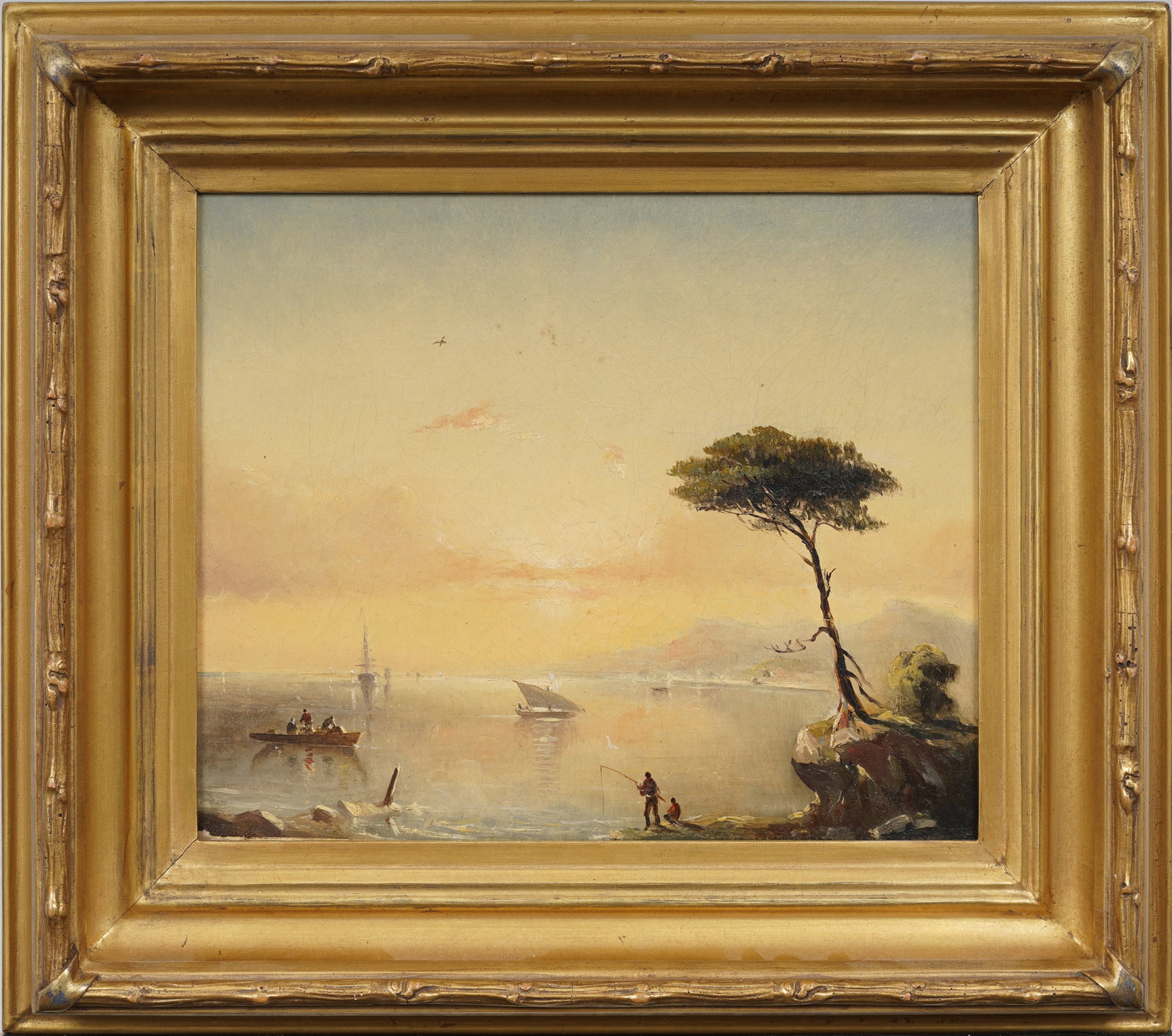 Antique American Luminous Hudson River School Framed Seascape Original Oil Painting: Antique American seascaope oil painting. Measuring: 16 by 18 inches overall, and 10 by 12 artwork alone. Please see all images for condition. Size is measured and written on the back of the painting o