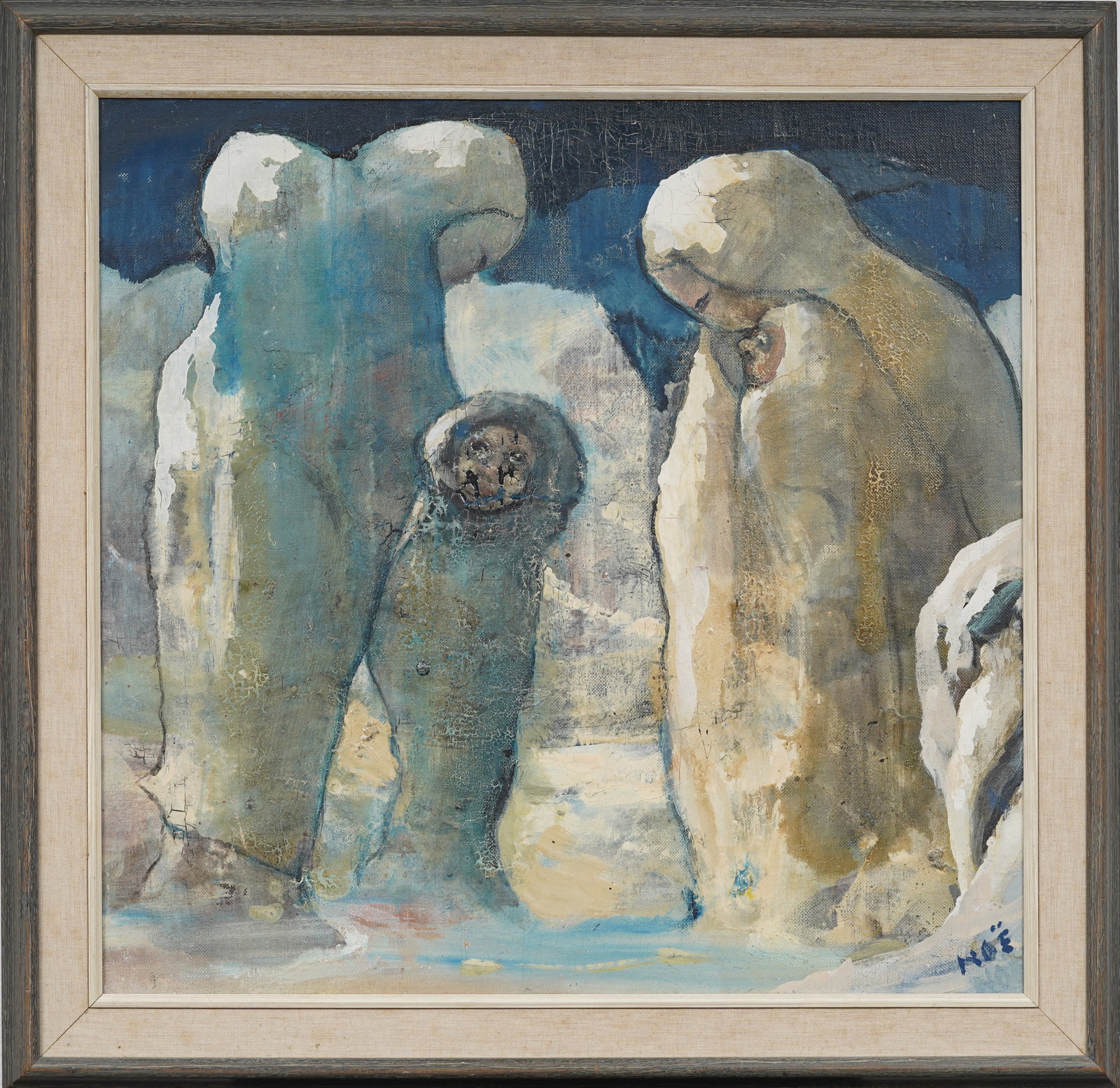 Signed Vintage Native American Inuit Family Framed Winter Landscape Original Oil Painting: Vintage winter landscape oil painting. Signed. Framed. Measuring: XX by XX inches overall, and XX by XX artwork alone.? Please see all images for condition. Size is measured and written on the back of