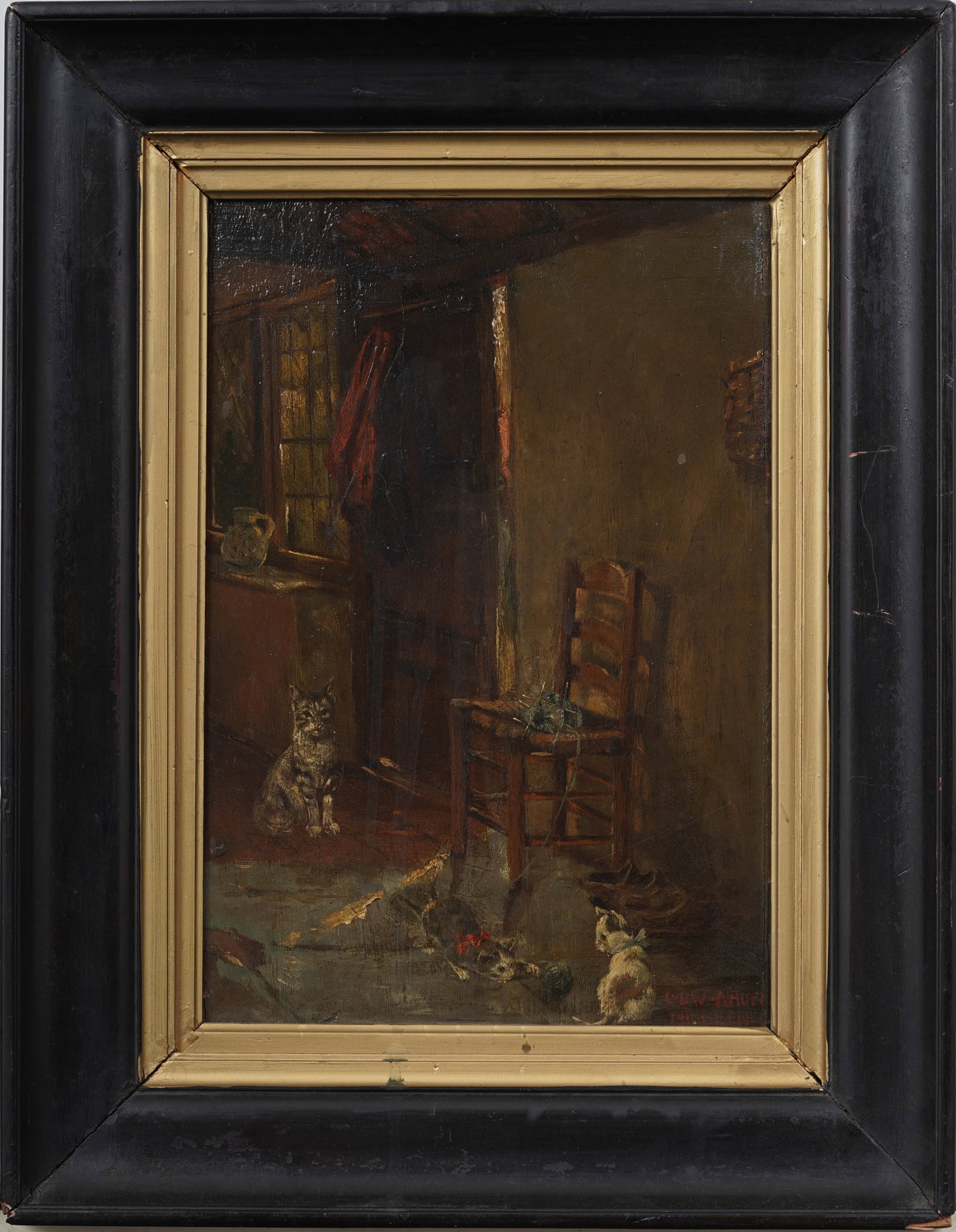 Antique Signed European Interior Scene with Cats Framed Original Oil Painting: Antique European interior scene oil painting. Measuring: 16 by 15 inches overall, and 8.75 by 7 artwork alone. Please see all images for condition. Size is measured and written on the back of the pain
