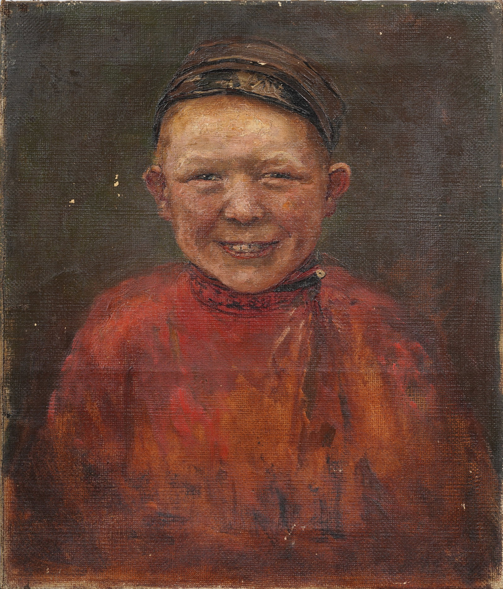 Framed Antique European Smiling Peasant Boy Original Oil Genre Painting: Framed antique oil painting. Measuring: 17.5 by 15 inches overall. Please see all images for condition. Size is measured and written on the back of the painting or next to each object. For detailed co