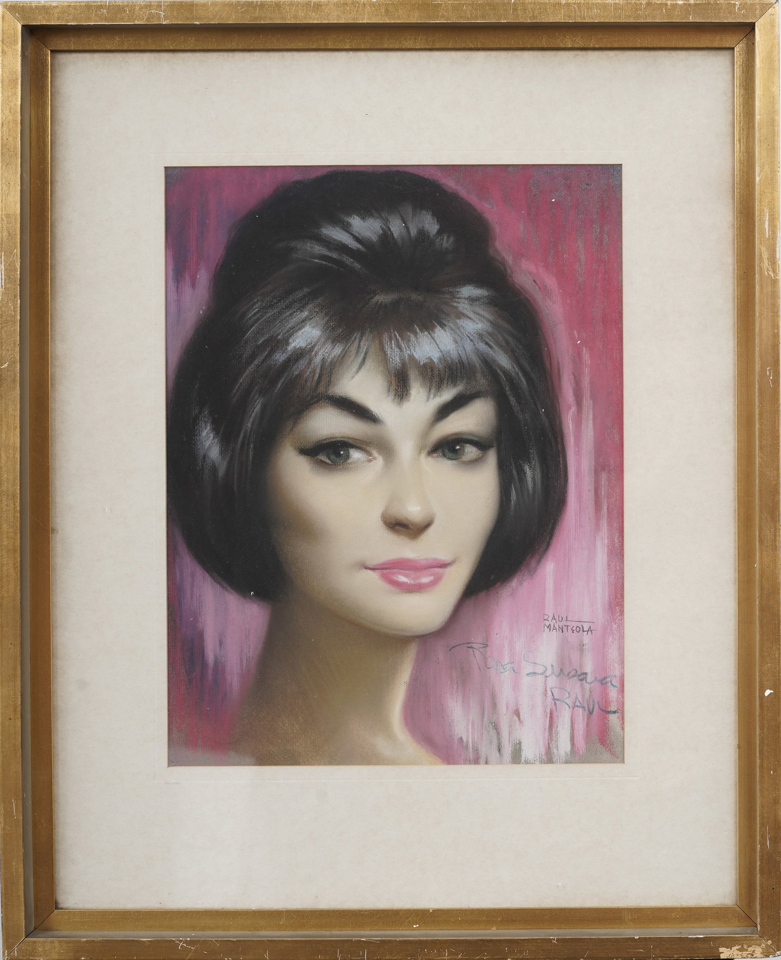 Raul Manteola (1905-1974) Midcentury Argentine Commercial Glamour Original Pastel Portrait: Signed, framed vintage oil pastel. Measuring: 24 by 20 inches overall, and 15 by 11.5 artwork alone. Please see all images for condition. Size is measured and written on the back of the painting or ne