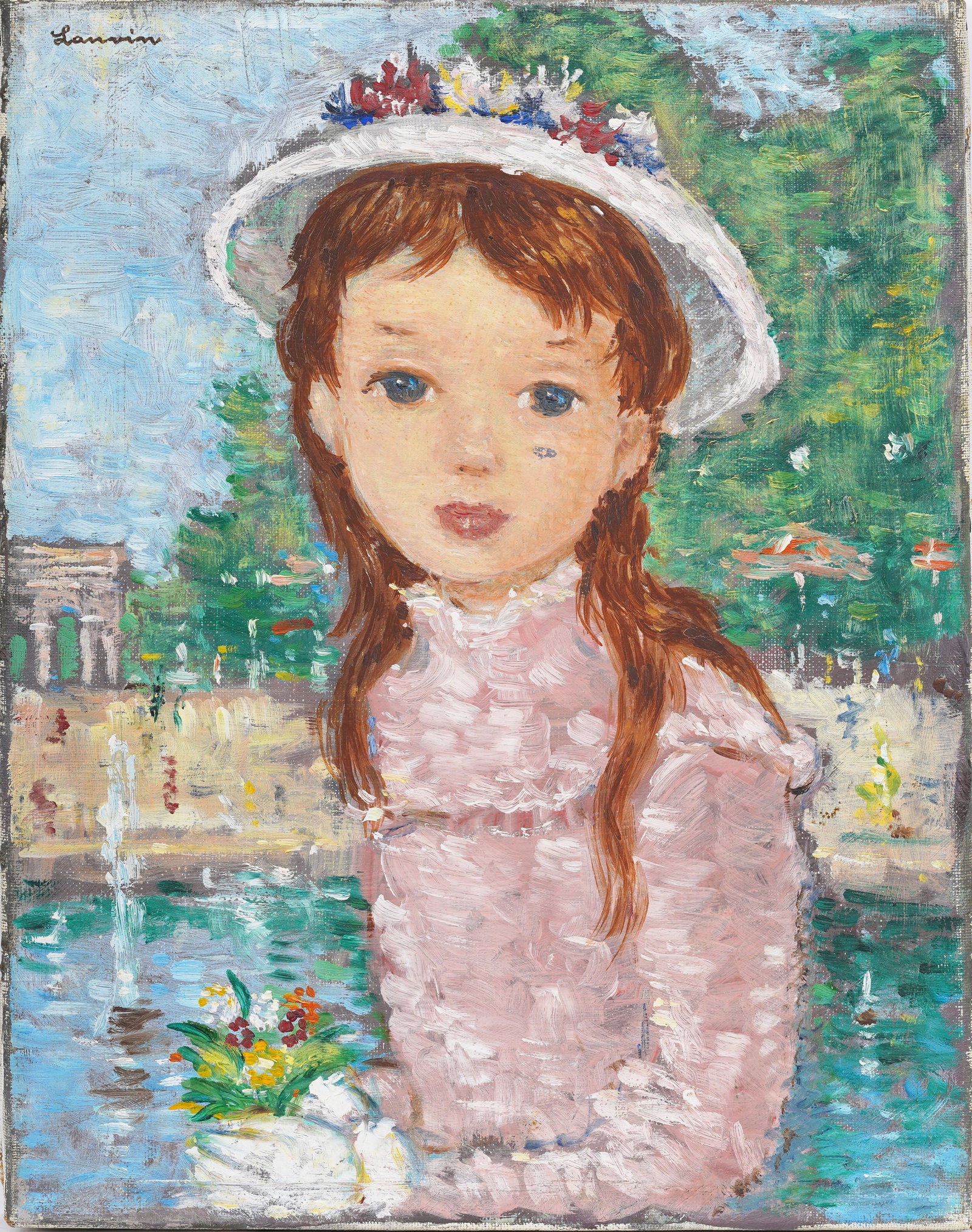Vintage European MCM Impressionist Young Girl Portrait Original Oil Painting Signed "Lanvin": Signed vintage oil painting. Measuring: 14 by 10.75 inches overall. Please see all images for condition. Size is measured and written on the back of the painting or next to each object. For detailed c