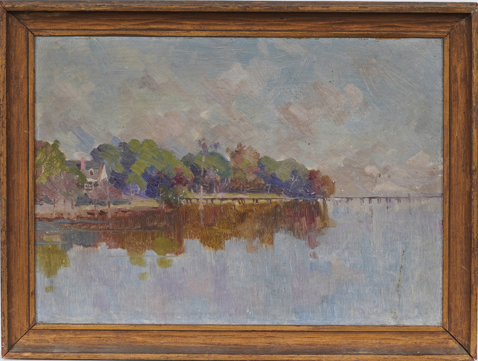 Vintage American Impressionist Framed Lake Landscape Original Oil Painting: Framed vintage oil painting. Measuring: 11 by 14 inches overall, and 9 by 12.25 artwork alone. Please see all images for condition. Size is measured and written on the back of the painting or next to 