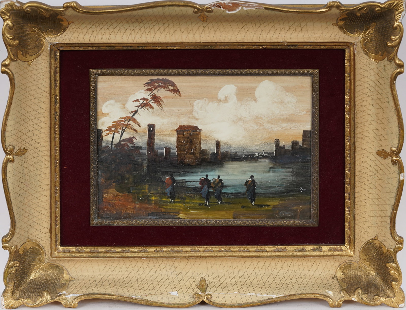 Framed Antique Italian Lake Landscape in Oil Original Painting Signed "Man": Framed vintage oil painting. Measuring: 10 by 13 inches overall, and 5 by 7 artwork alone. Please see all images for condition. Size is measured and written on the back of the painting or next to each