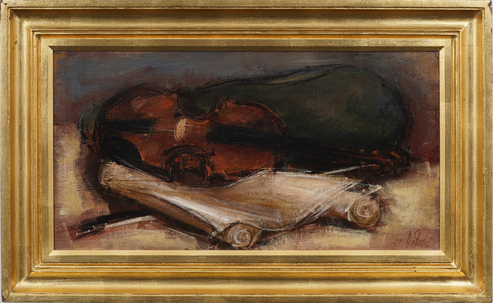 Jan De Ruth (1922-1991) Vintage American Modernist Violin Still Life Impressionist Oil Painting: Vintage still life oil painting by Jan De Ruth (1922-1991. Signed. Framed. Measuring: 19 by 31 inches overall, and 13 by 25 artwork alone. Please see all images for condition. Size is measured and wri