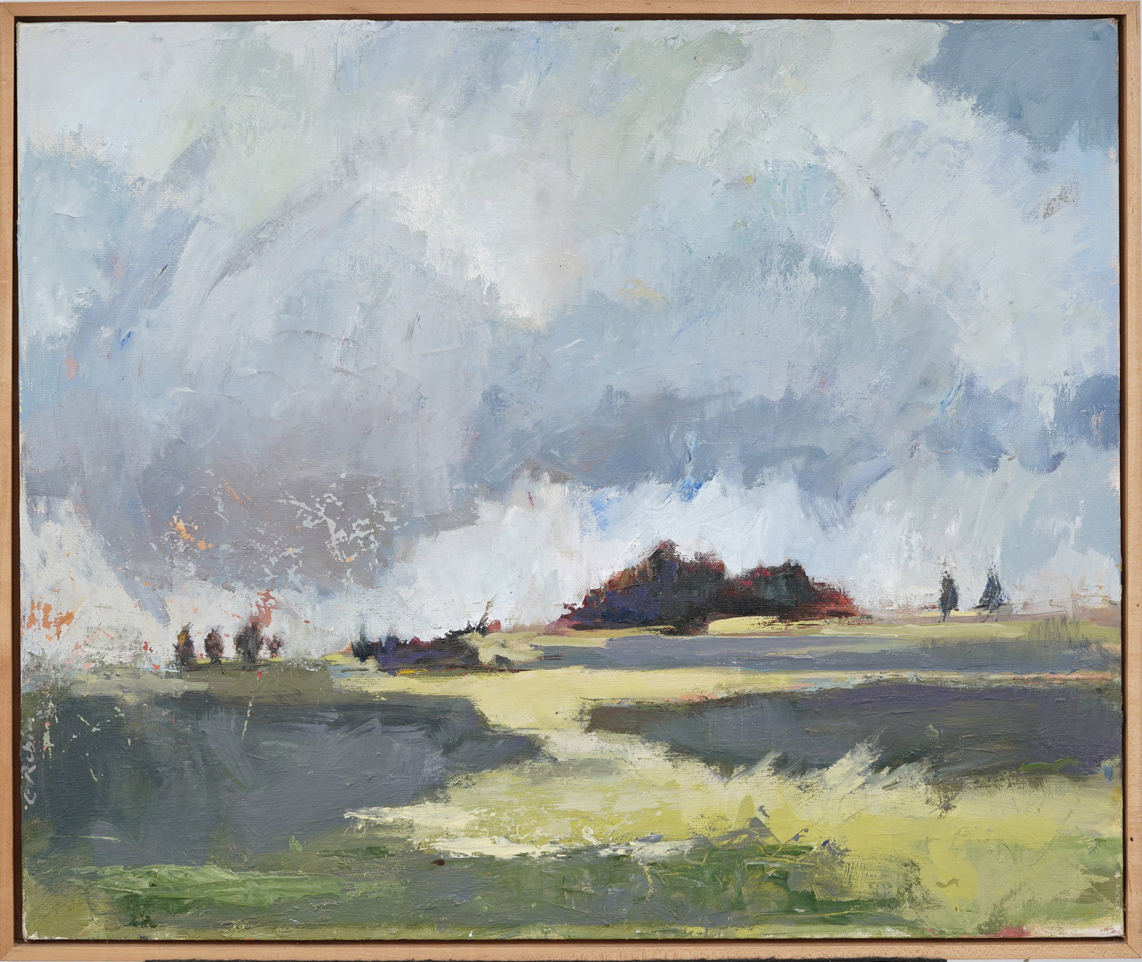 Carol Rubin Signed Vintage American Modernist "New Rain" Framed Landscape Original Oil Painting: Vintage modernist landscape oil painting. Signed. Measuring: 21 by 25 inches overall, and 20 by 24 artwork alone. Please see all images for condition. Size is measured and written on the back of the p