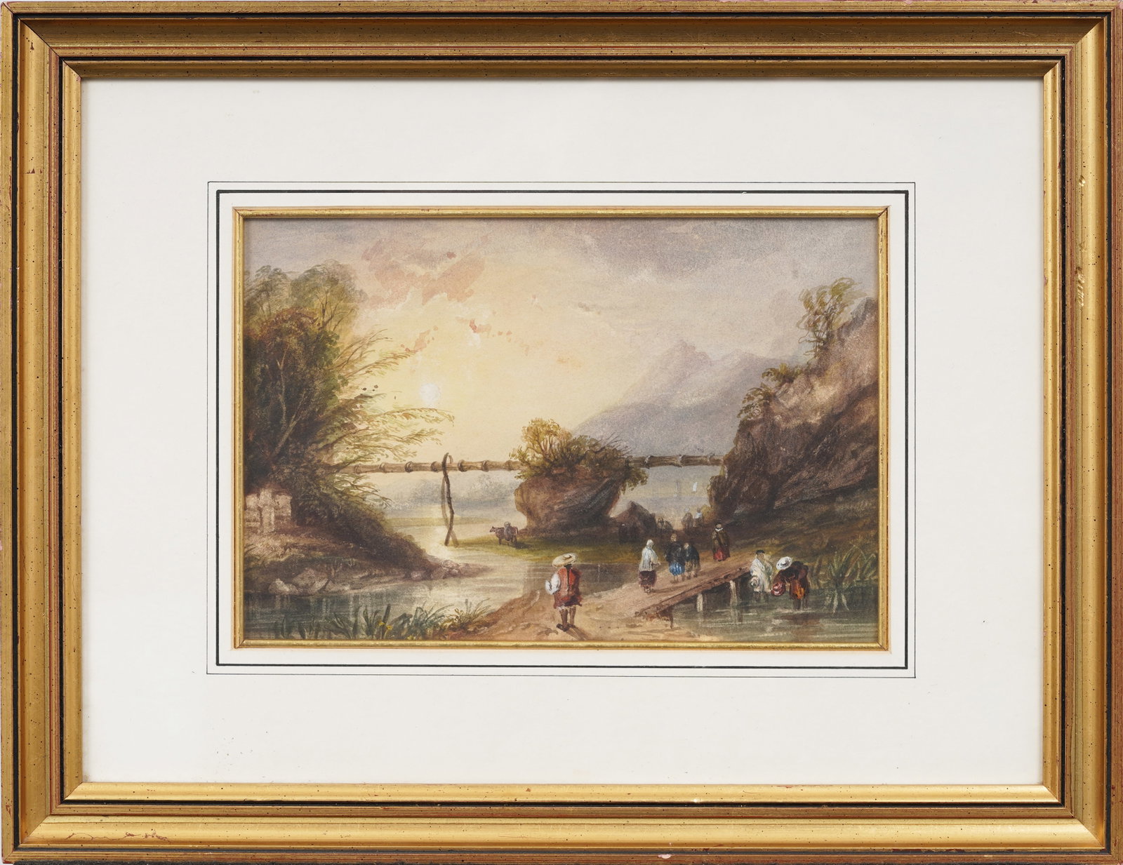 Chinese Export Landscape River Watercolor Framed Figural Painting: Chinese river landscape painting. Measuring: 14 by 18 inches overall, and 7 by 10 artwork alone. Please see all images for condition. Size is measured and written on the back of the painting or next t