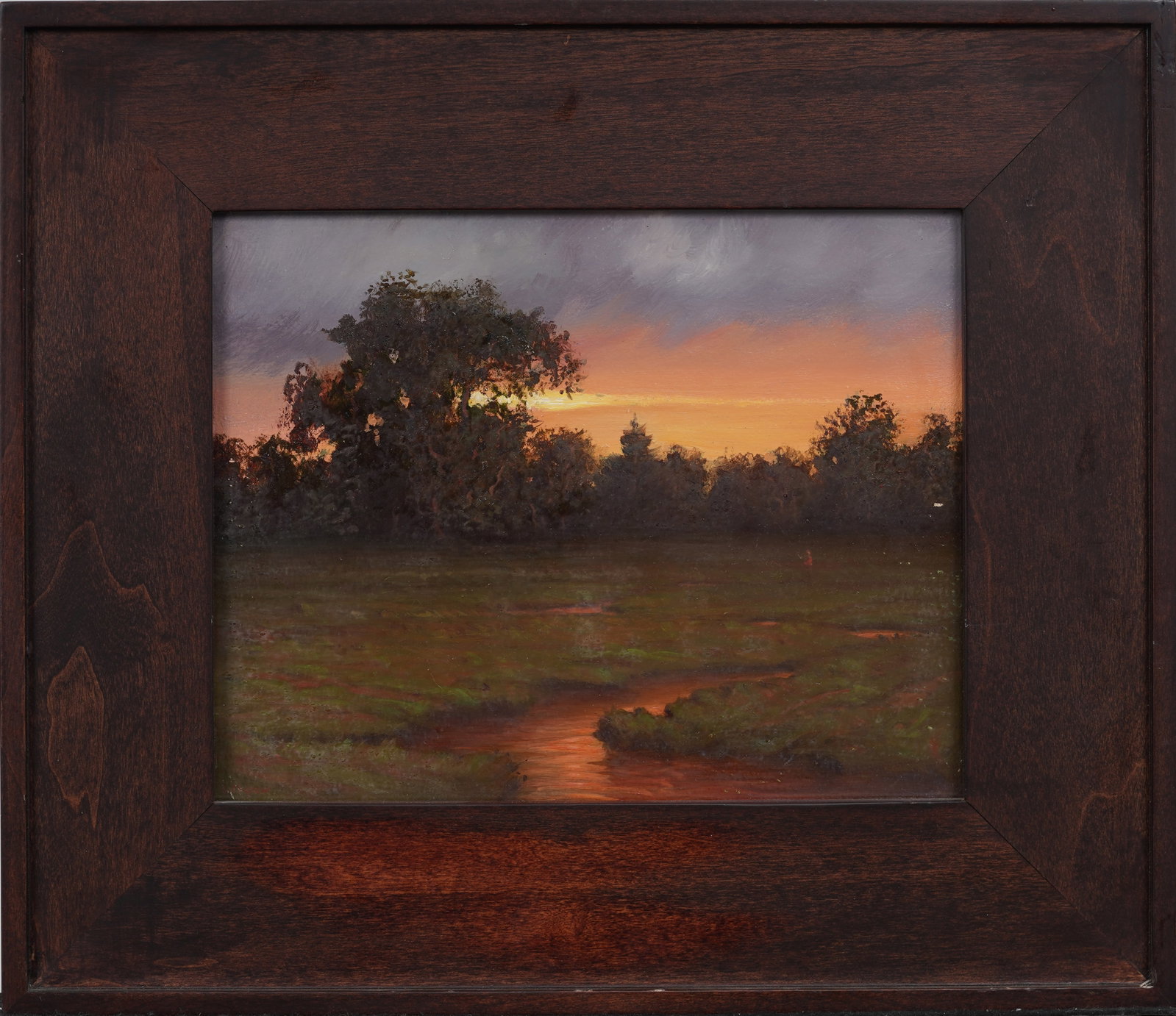 Richard Lithgow “Catskill Meadow” American Realist Landscape Oil Painting: Vintage sunset landscape oil painting. Framed. Measuring: 13 by 15 inches overall, and 8 by 10 artwork alone. Please see all images for condition. Size is measured and written on the back of the paint
