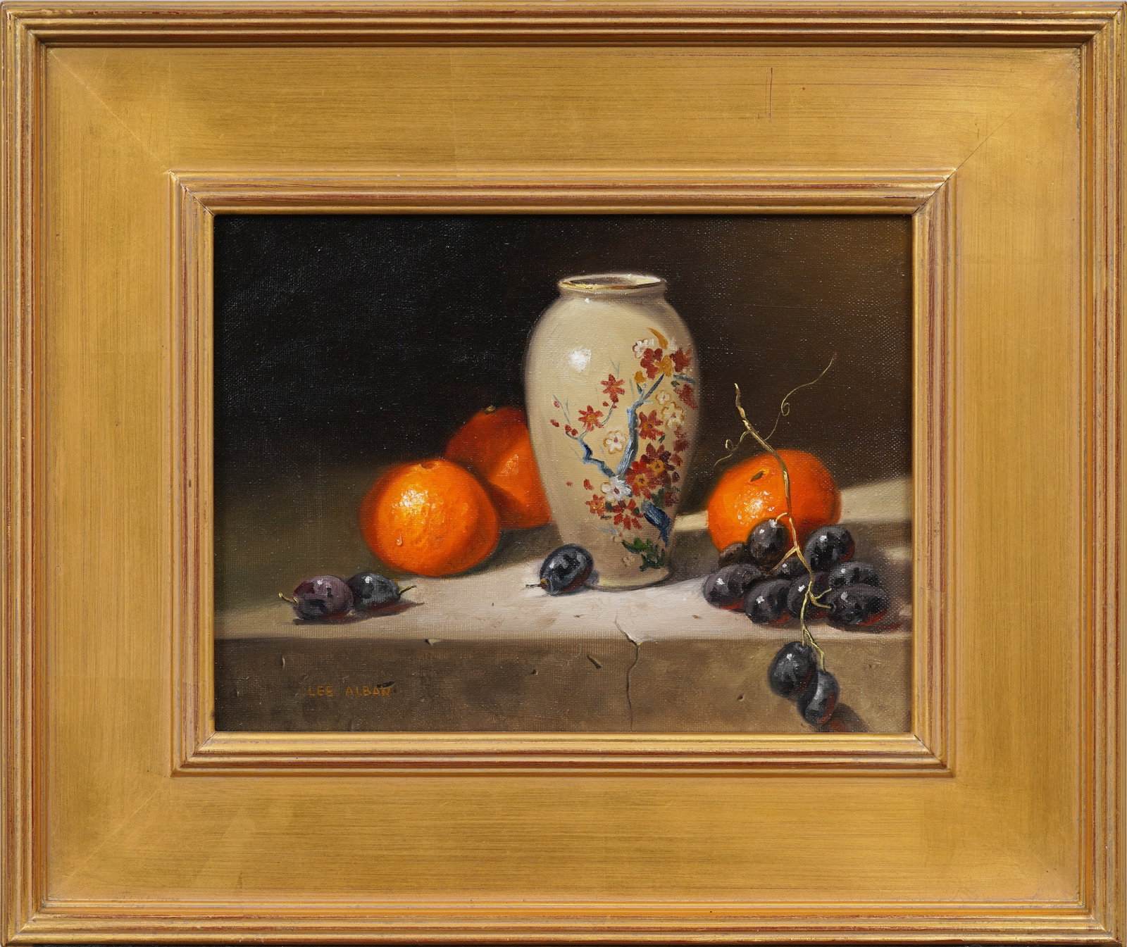 Lee Alban (b1948) Realist Fruit and Flower Still Life Oil Painting: Vintage realist still life oil painting. Framed. Signed. Measuring: 16 by 18 inches overall, and 9 by 12 artwork alone. Please see all images for condition. Size is measured and written on the back of