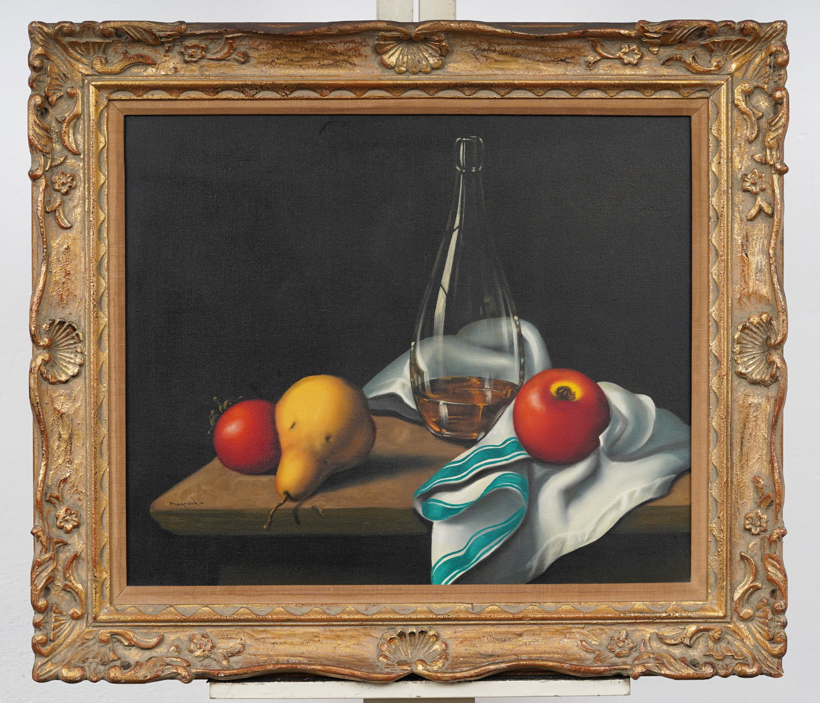 Vintage American Realist Fruit Still Life Framed Original Oil Painting Signed "Maynard": Vintage realist still life oil painting. Measuring: 27 by 31 inches overall, and 20 by 24 artwork alone. Please see all images for condition. Size is measured and written on the back of the painting o