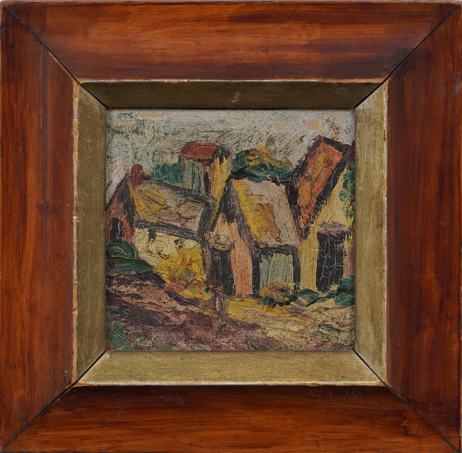Vintage American Modernist Framed Fauvist Landscape Original Oil Painting: Vintage landscape oil painting. Measuring: 8.5 by 8.5 inches overall, and 4.75 by 4.75 artwork alone. Please see all images for condition. Size is measured and written on the back of the painting or n