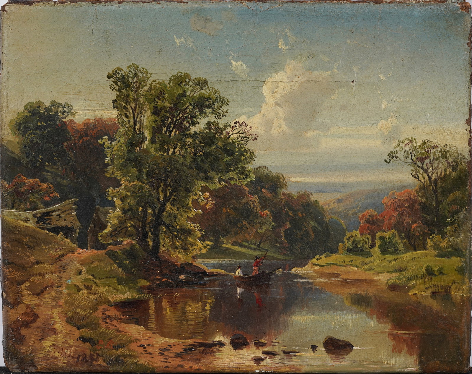 Antique American Hudson River School 1855 Original Landscape Oil Painting: Antique landscape oil painting. Dated. Measuring: 8 by 10 inches overall. Please see all images for condition. Size is measured and written on the back of the painting or next to each object. For deta