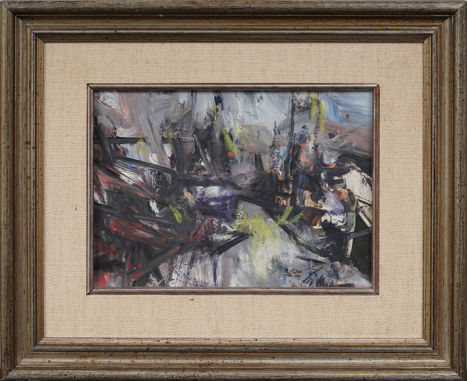 Vintage Signed American School Framed Abstract Original Oil Painting: Vintage abstract framed oil painting. Measuring: 10 by 12 inches overall, and 6 by 8 artwork alone. Please see all images for condition. Size is measured and written on the back of the painting or nex