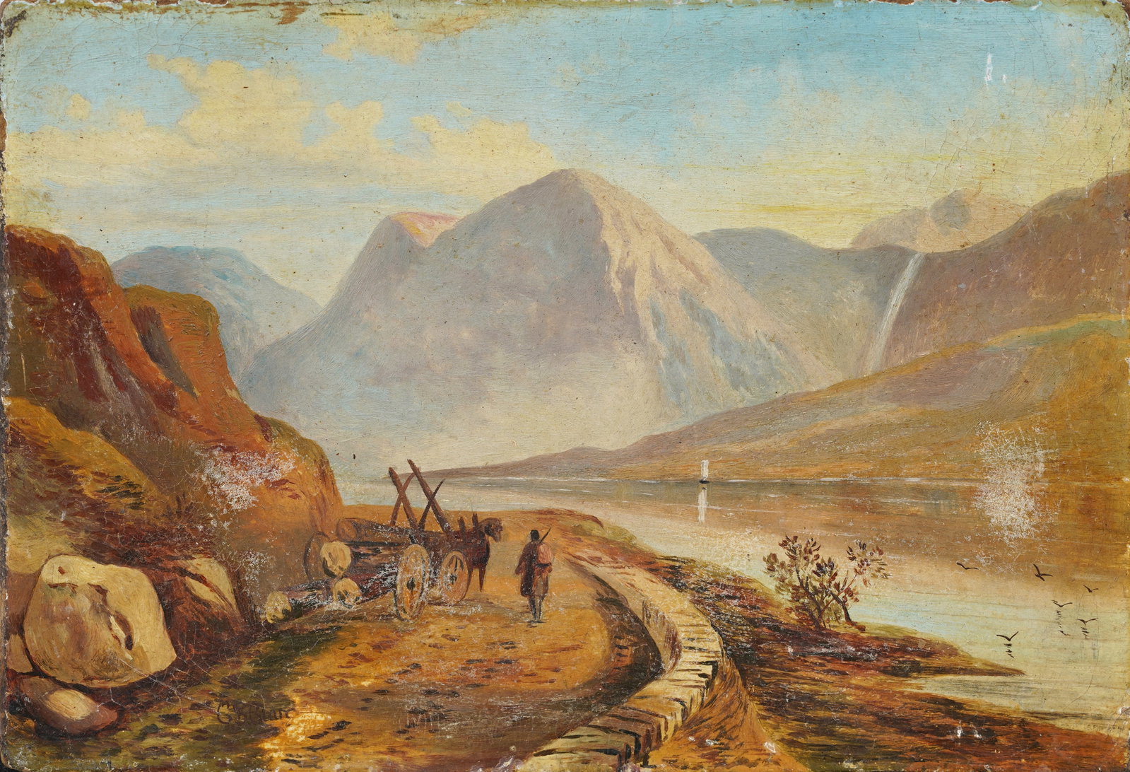 Antique American Sunset River Landscape Signed Original Oil Painting: Antique landscape oil painting. Signed. Measuring: 6 by 9 inches overall. Please see all images for condition. Size is measured and written on the back of the painting or next to each object. For deta
