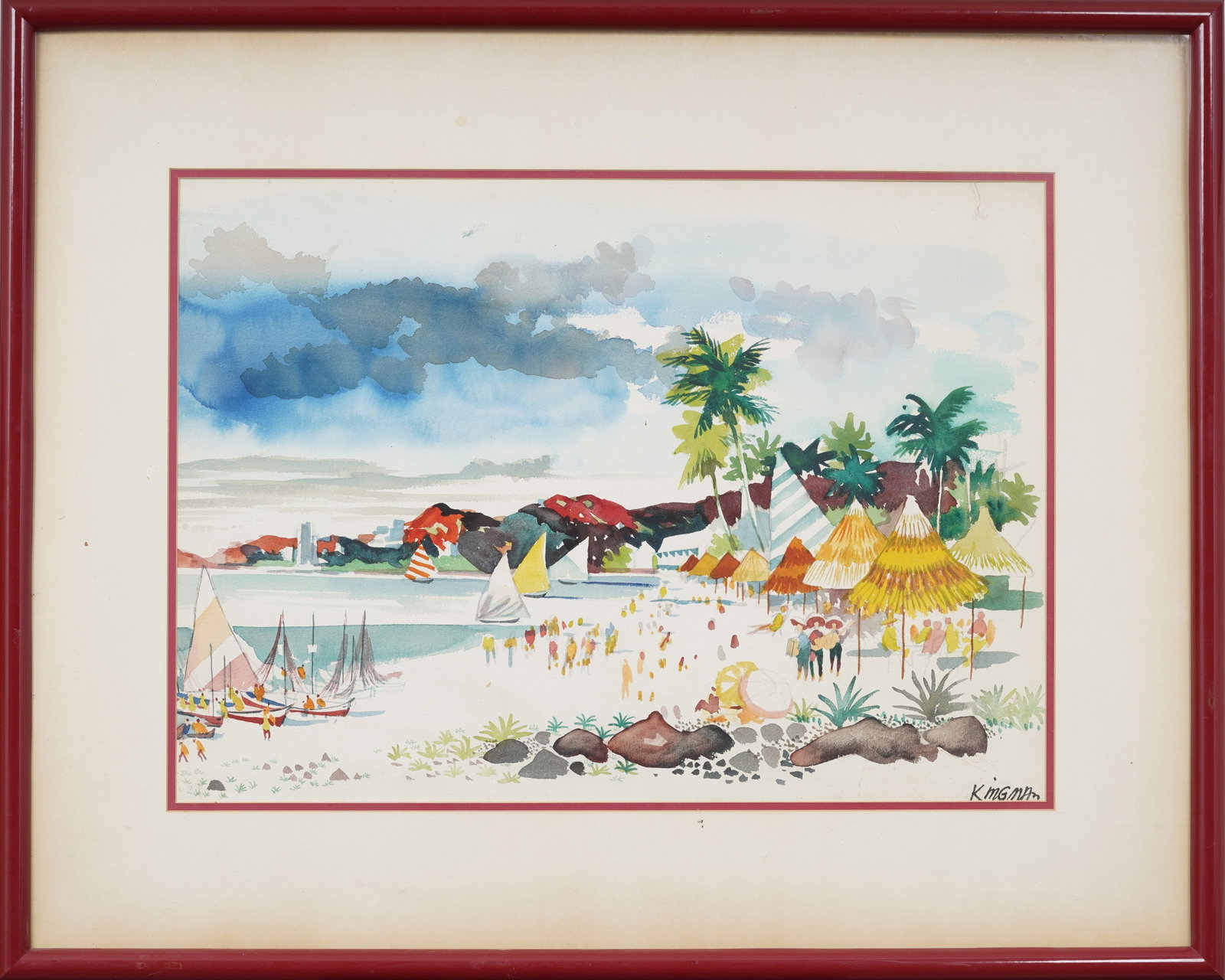 Dong Moy Chu Kingman Vintage Asian Beach Scene Coastal American Framed Painting: Vintage framed coastal painting. Signed. Framed. Measuring: 33 by 41 inches overall, and 21 by 29.5 artwork alone. Please see all images for condition. Size is measured and written on the back of the 