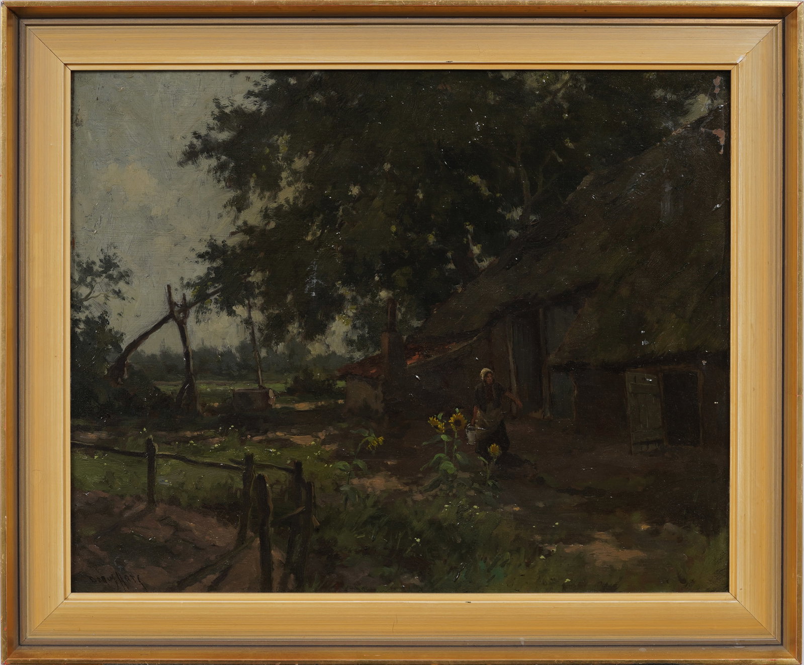 Signed Vintage Impressionist Sunflower Farmstead Working Farmer Woman Framed Original Oil Painting (1 of 6)