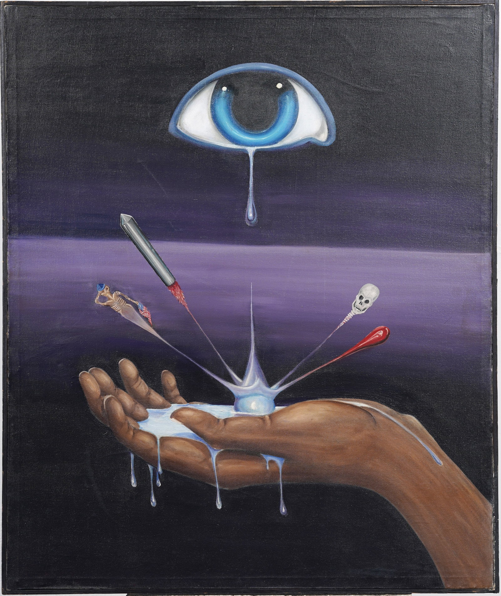 Laura Clark Signed Vintage American Surreal Modernist Original Oil Painting: Vintage surreal oil painting. Measuring: 30.25 by 36.25 inches overall. Please see all images for condition. Size is measured and written on the back of the painting or next to each object. For detail