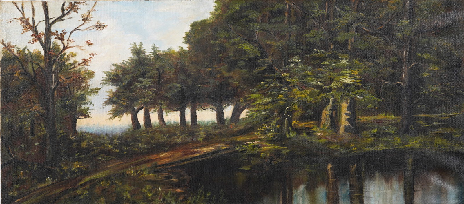 Antique American Southern School Landscape Original Oil Painting: Antique American landscape oil painting. Measuring: 16 by 36 inches overall. Please see all images for condition. Size is measured and written on the back of the painting or next to each object. For d