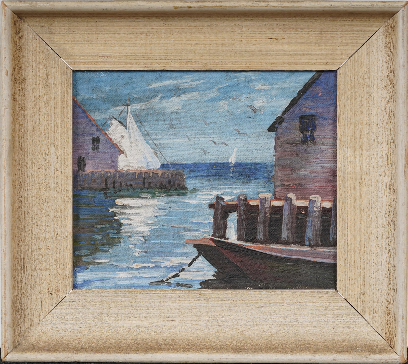 Vintage American Miniature New England Harbor Seascape Original Oil Painting: Vintage oil painting. Framed. Measuring: 7 by 9 inches overall, and 5 by 6 artwork alone. Please see all images for condition. Size is measured and written on the back of the painting or next to each 