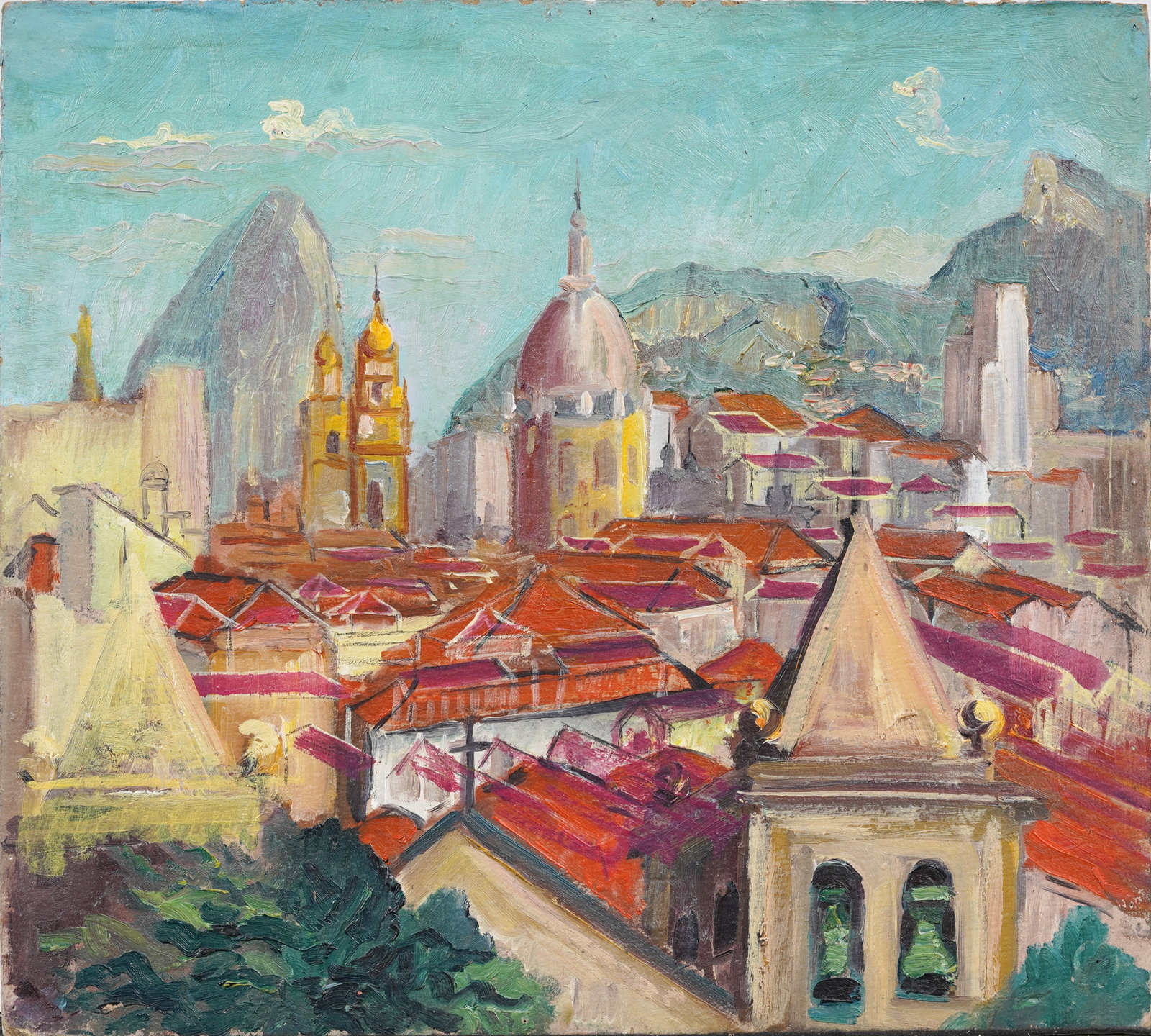 Vintage Brazilian Rio de Janiero 1937 Rooftops Cityscape Original Oil Painting: Vintage oil painting. Dated verso. Measuring: 14 by 15.75 inches overall. Please see all images for condition. Size is measured and written on the back of the painting or next to each object. For deta