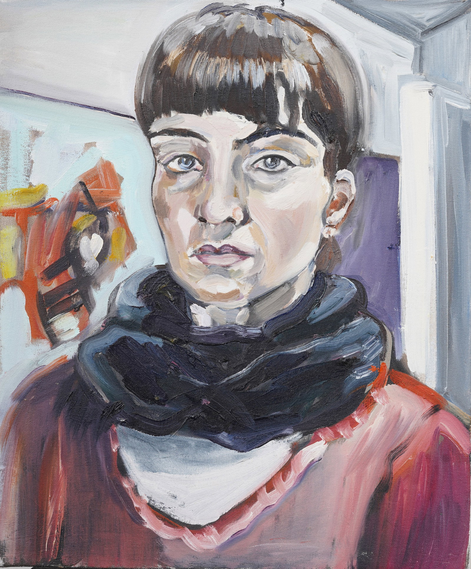 Contemporary American Stern Museumgoer Female Portrait Original Oil Painting: Vintage oil painting. Measuring: 24 by 20 inches overall. Please see all images for condition. Size is measured and written on the back of the painting or next to each object. For detailed condition q
