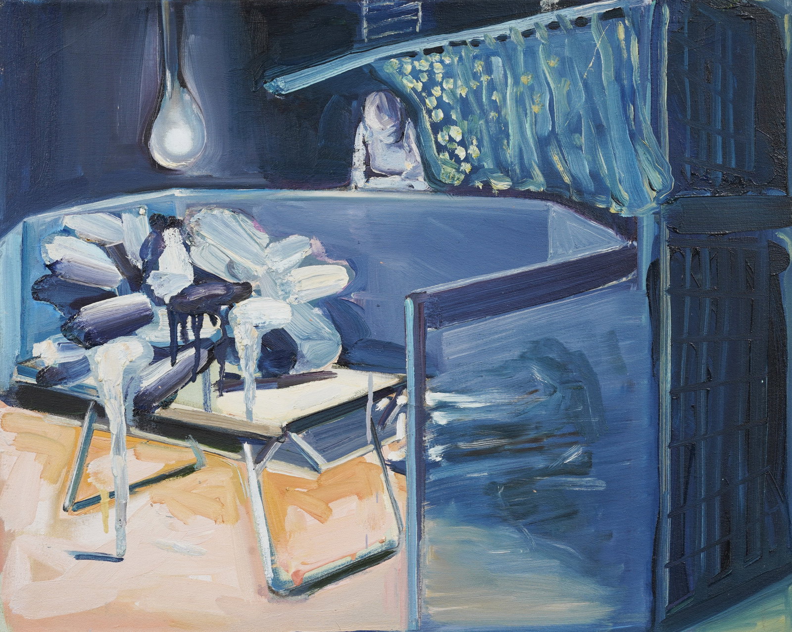 Julia Tyrell Signed American Modernist Abstract Interior Original Oil Painting: Contemporary oil painting. Signed. Measuring: 24.75 by 30 inches overall. Please see all images for condition. Size is measured and written on the back of the painting or next to each object. For deta