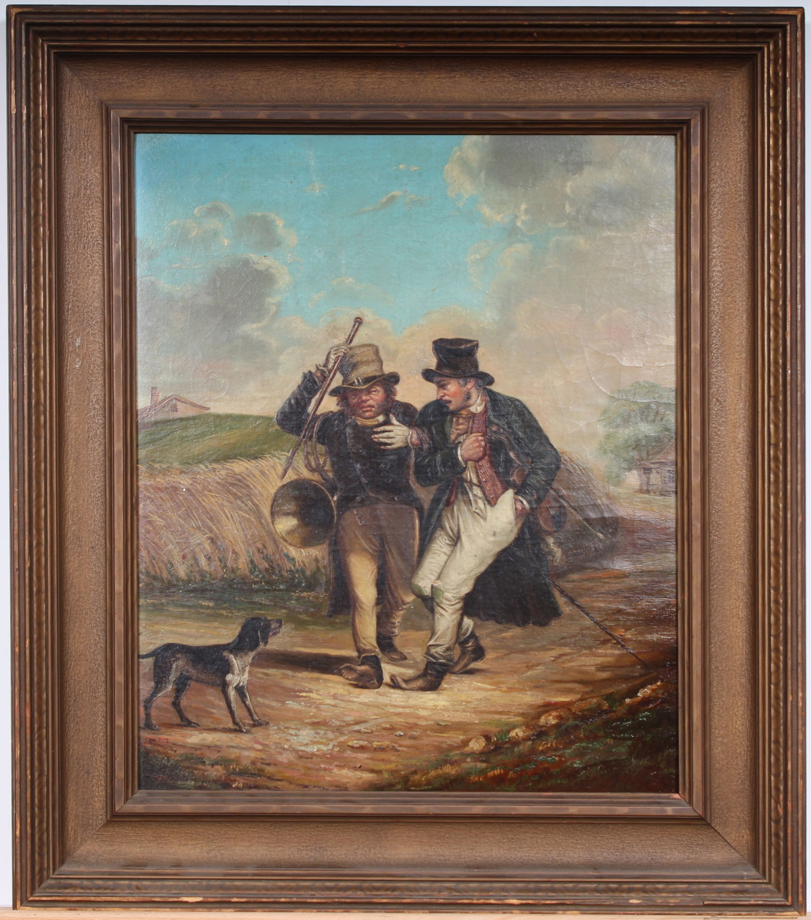 Antique Early American School Male Portrait Musician and Dog Landscape Framed Original Oil Painting (1 of 7)