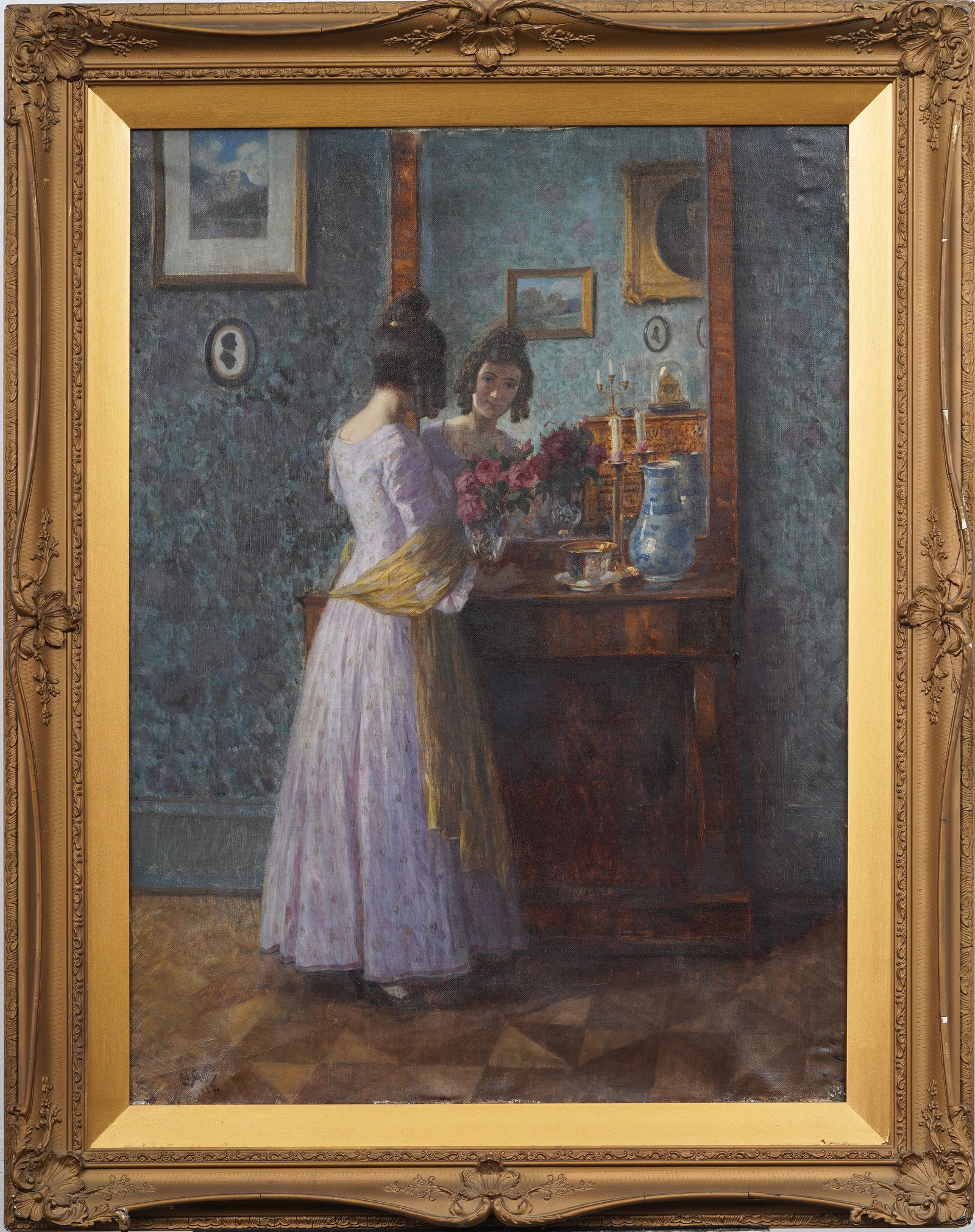 Robert Scheffer (1859-1934) Antique Austrian Lady in Mirror Parlor Interior Original Oil Painting: Signed, framed antique Austrian oil painting. Measuring: 38 by 30 inches overall, and 30 by 22 artwork alone. Please see all images for condition. Size is measured and written on the back of the paint