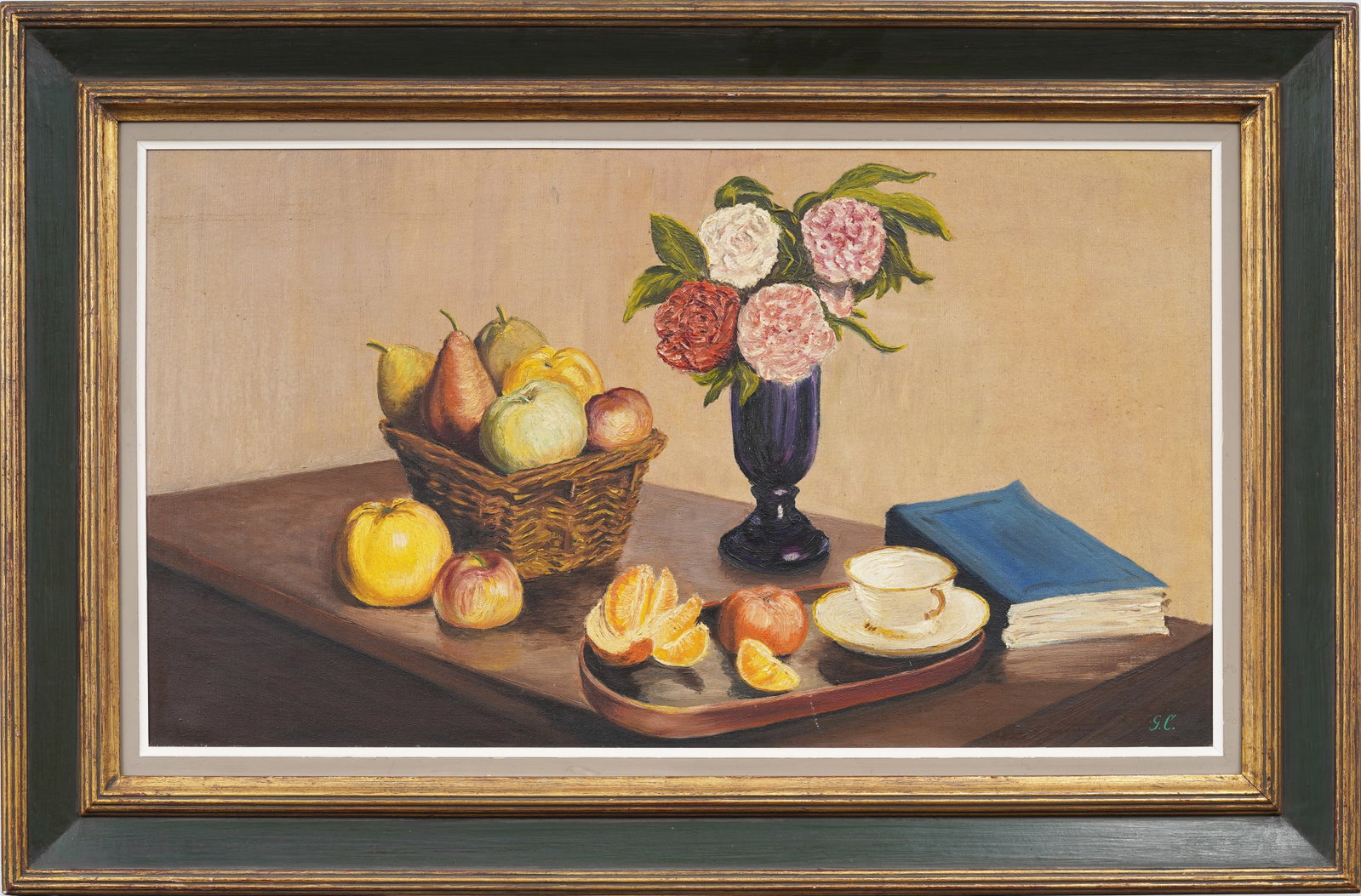 Large Vintage American School Framed Kitchen Table Fruit and Flower Still Life Original Oil Painting: Vintage oil painting. Measuring: 26 by 40 inches overall, and 18.25 by 32 artwork alone. Please see all images for condition. Size is measured and written on the back of the painting or next to each o