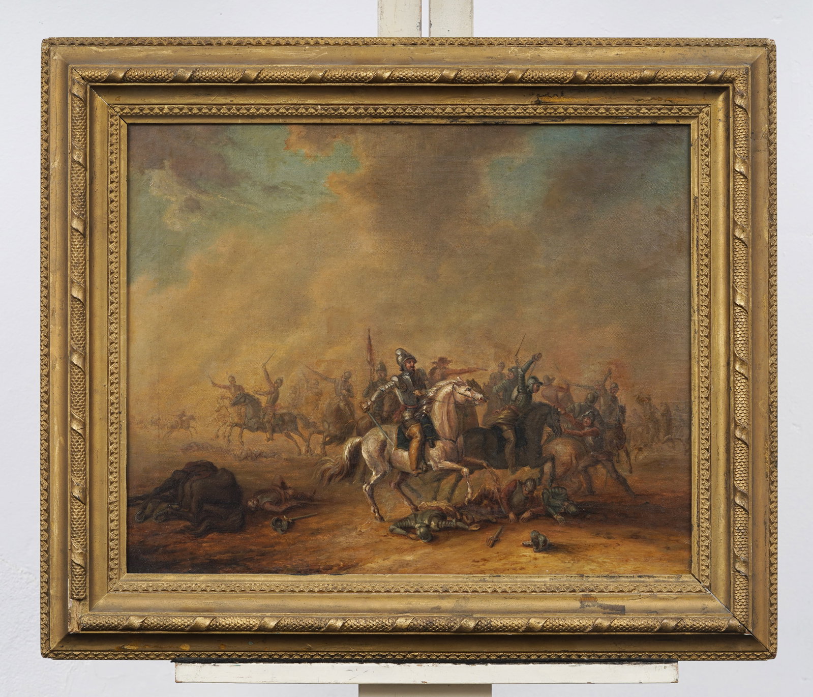 Antique 17th/18th Century Flemish Battle Scene Framed Horse Military Landscape Original Oil Painting - 2